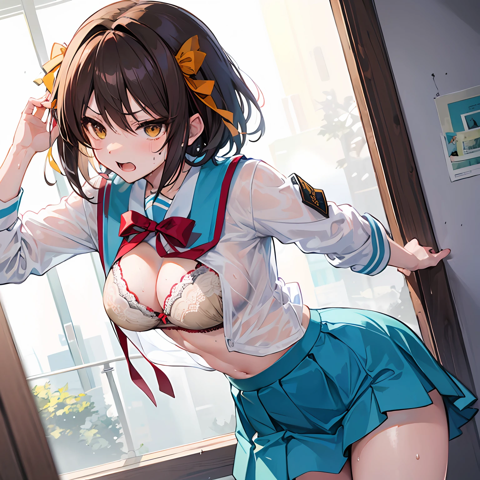 Best Quality Haruhi Suzumiya School High School Uniform Sweat Sheer White Shirt Beige Bra Small Tits Sexy Skirt Flipping Angry Sweat Wet Disheveled Clothing Ripping Clothing