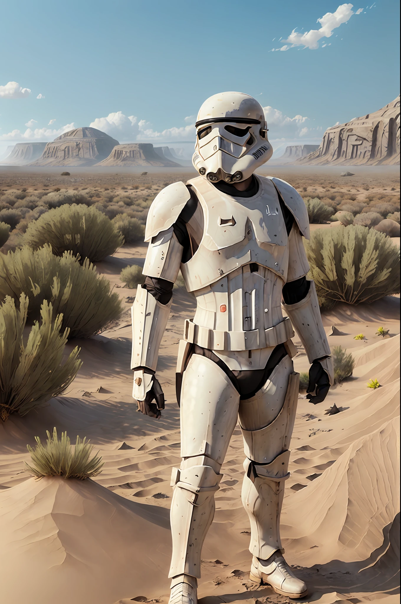 (Fehgalvao dressed as a stormtrooper ), action scene, standing in a desert landscape, immersive background, volumetric sand, global illumination, intense lighting, (weathered armor), (battle-scarred), dramatic lighting, (gritty:1. 5), (hyper-realistic:1. 4), (4k, digital art, masterpiece), High detail digital painting, realistic, (top quality), (dynamic shadows), (best concept art), ultra high resolution, highly detailed digital artwork, physically-based rendering, realistic yet stylized, muted colors, f2. 0 lens, gritty palette, unexpected twist.