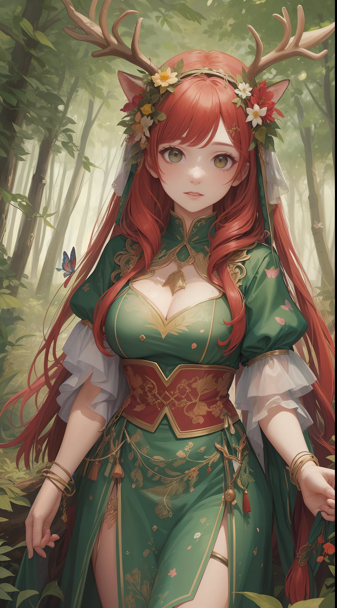 one adult woman with Antlers and Bright Red hair wearing a green fantasy outfit made of leaves and flowers with butterflies all around her. She has Deer ears. Fawn ears. Butteflies in her hair. she has lots of freckles. woodland setting surrounded by butteflies