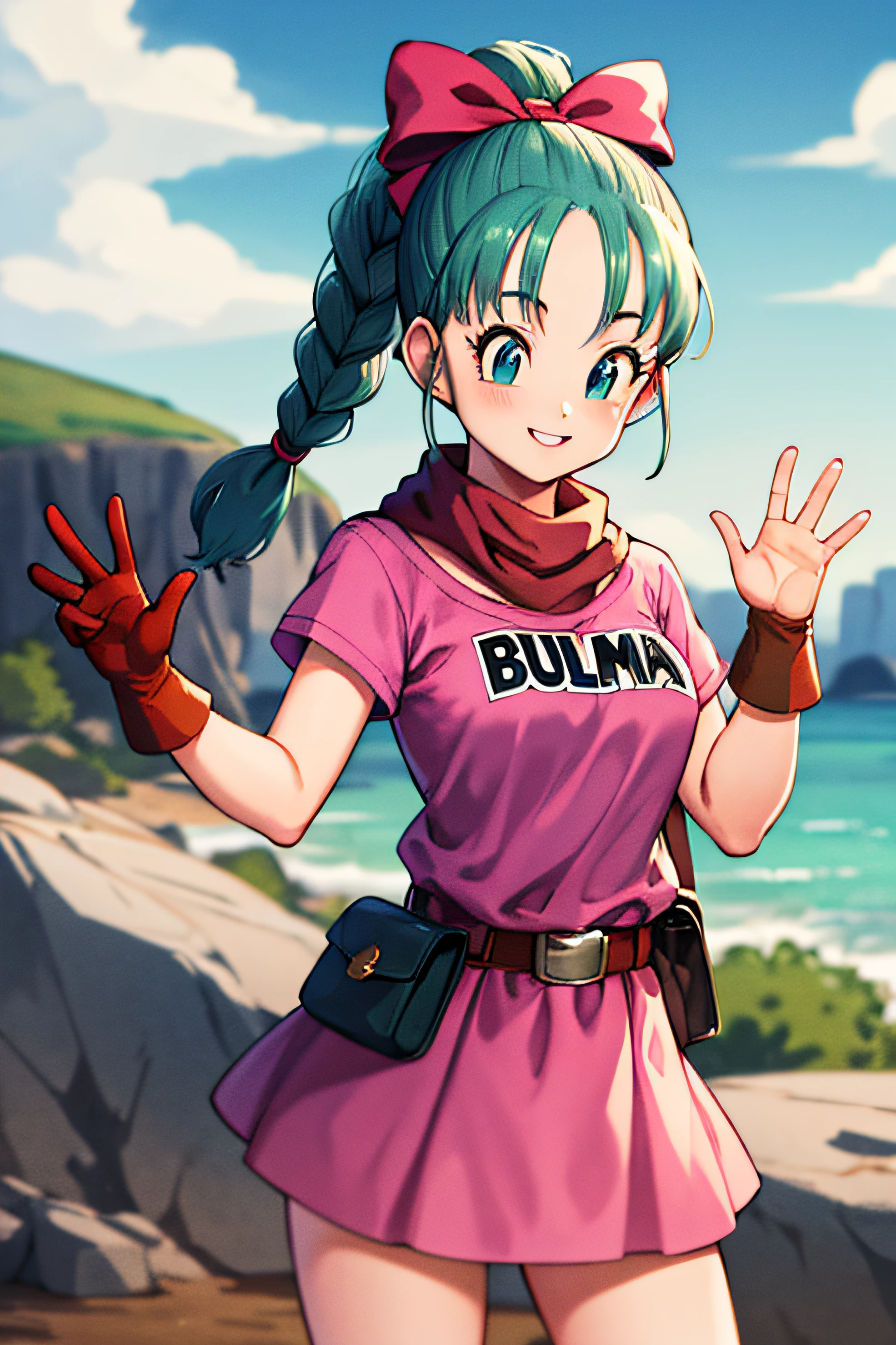 masterpiece, best quality, highres, dragon ball, blmpony, aqua hair, hair ribbon, braided ponytail, pink shirt, belt, scarf, pink skirt, clothes writing, brown gloves, medium breasts, outdoors, cowboy shot, waving, smile