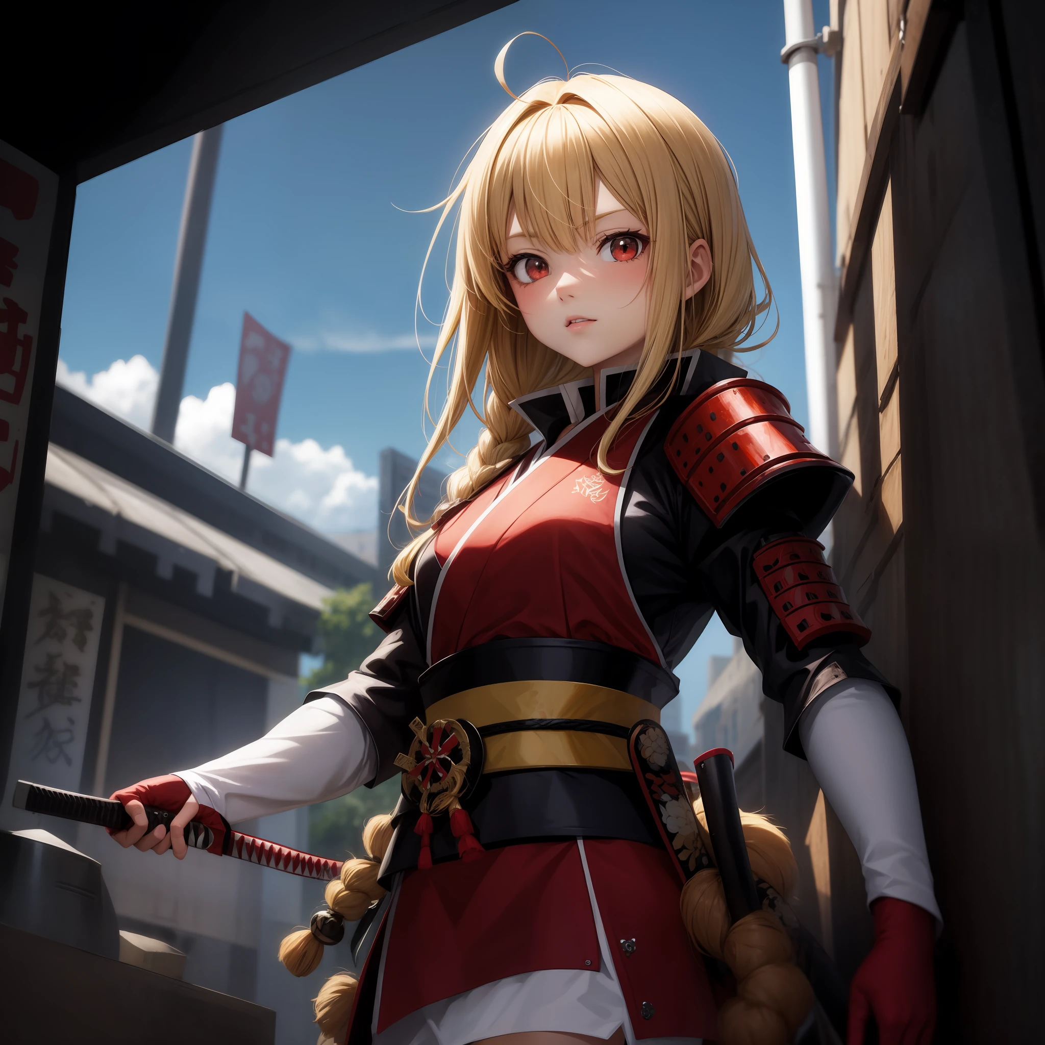 anime, girl, red-eyed blonde girl, samurai