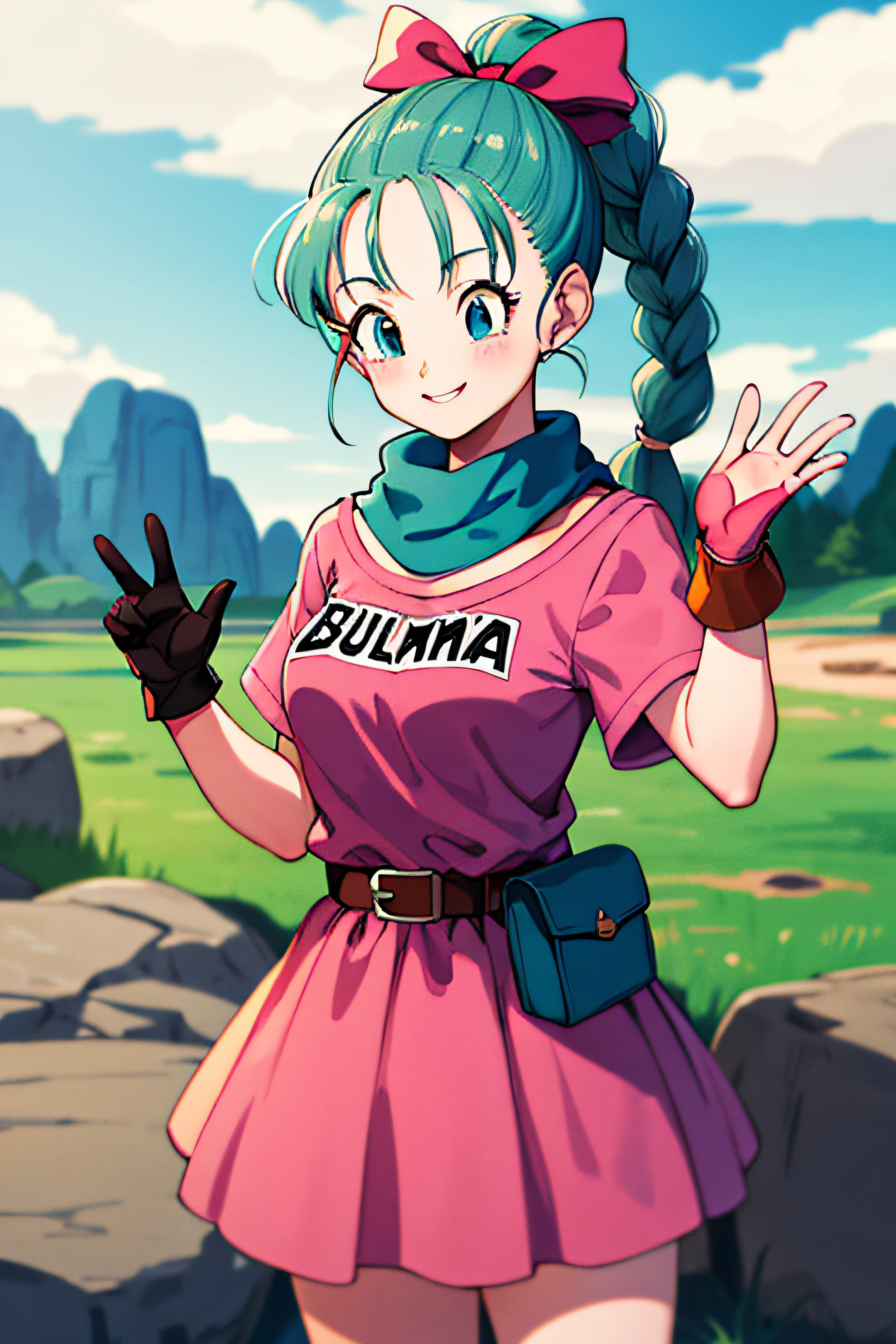 masterpiece, best quality, highres, dragon ball, blmpony, aqua hair, hair ribbon, braided ponytail, pink shirt, belt, scarf, pink skirt, clothes writing, brown gloves, medium breasts, outdoors, cowboy shot, waving, smile