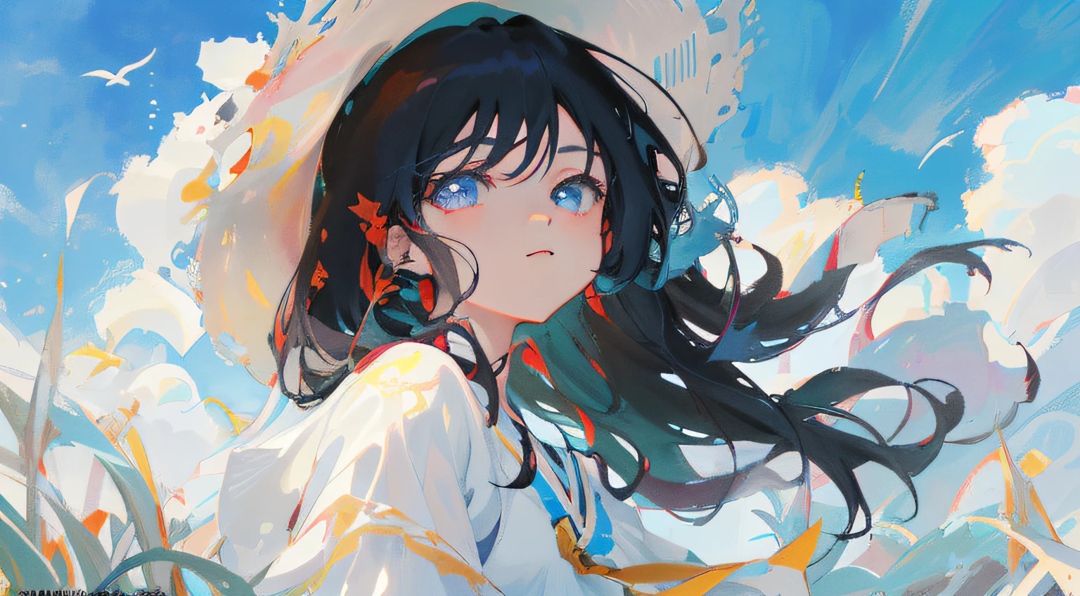 anime girl with long black hair wearing a white hat and white dress, guweiz, artwork in the style of guweiz, guweiz on pixiv artstation, clean detailed anime art, digital anime illustration, beautiful anime portrait, anime illustration, detailed digital anime art, guweiz on artstation pixiv, detailed portrait of anime girl, beautiful anime artwork