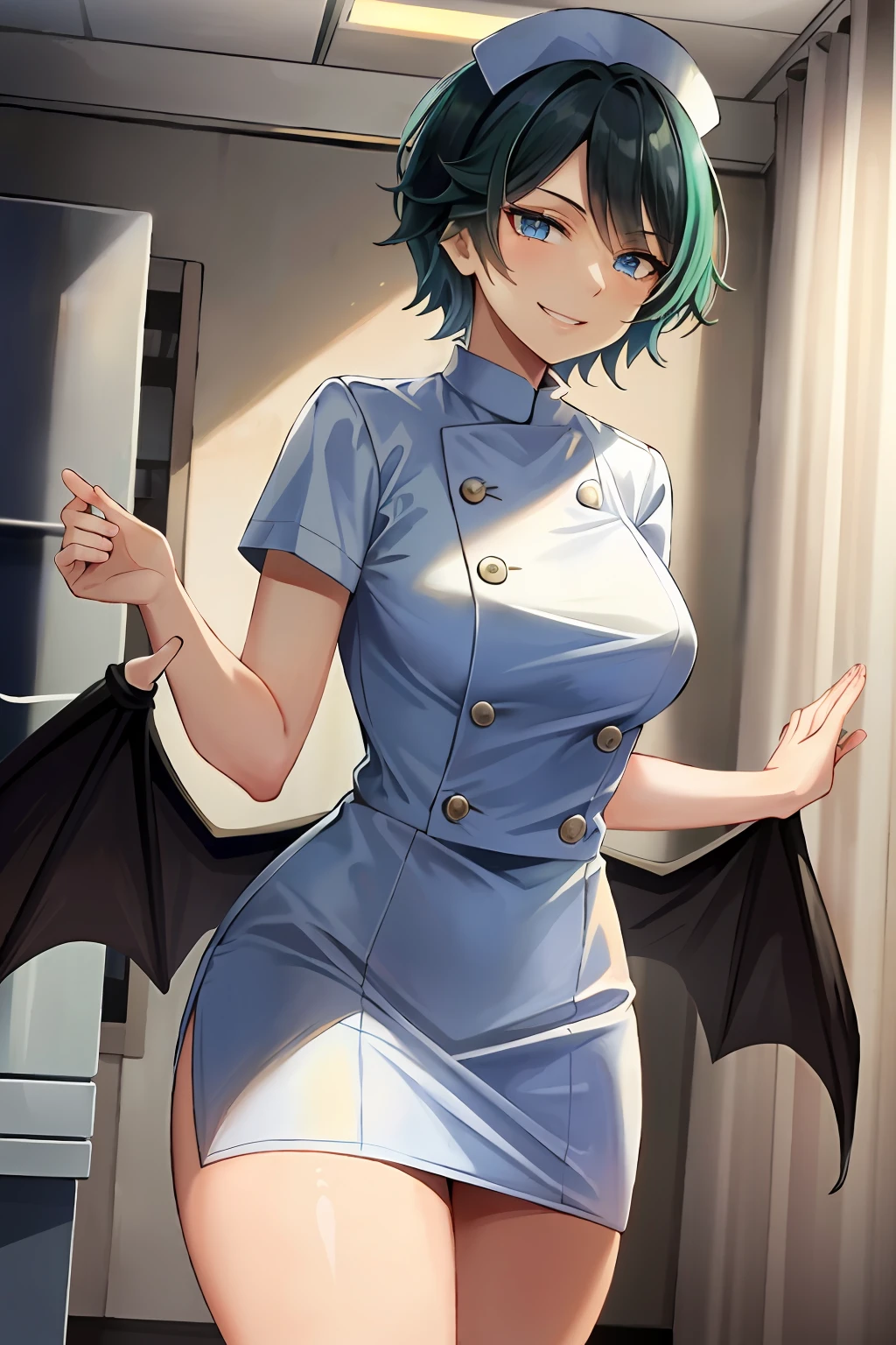 Masterpiece, top quality, high resolution, masterpiece, adult woman, one, wicked smile, evil smile, evil plan, bat wings, black hair, white nurse uniform, short hair, blue eyes, white miniskirt, hospital room, needle