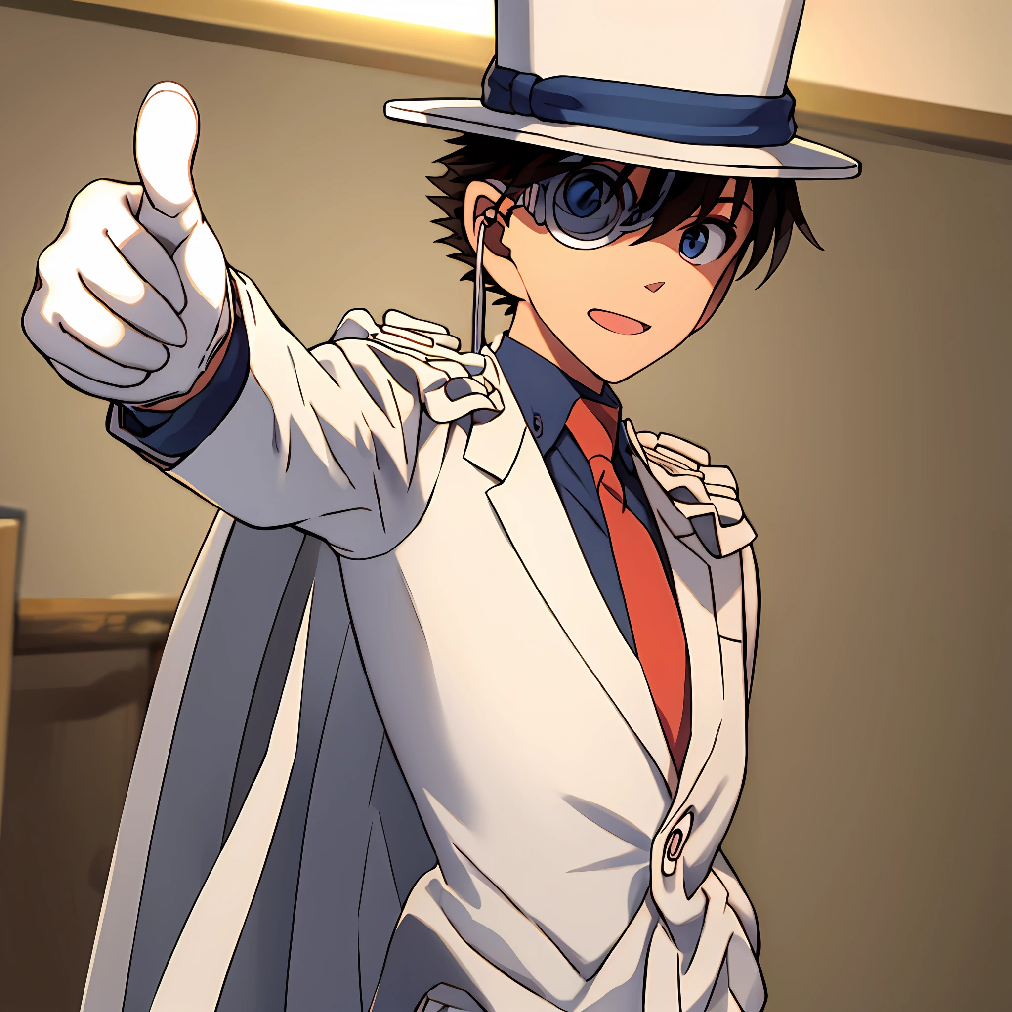 masterpiece, best quality, 1boy, solo, white suit, white cape, top hat, monocle, red necktie, blue shirt, white gloves, pointing at viewer, hand in pocket, indoors