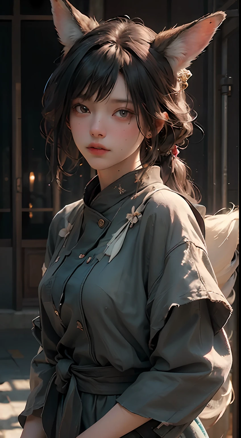 (Best Quality), ((Masterpiece)), (Detail: 1.4), 3D, Nine-Tailed Fox, Delicate Fox Ears, HDR (High Dynamic Range), Ray Tracing, NVIDIA RTX, Super-Resolution, Unreal 5, Subsurface Scattering, PBR Texture, Post-processing, Anisotropic Filtering, Depth of Field, Maximum Clarity and Clarity, Characters' Clothing and Facial Expressions are all very detailed and show detailed depiction. The expression is very feminine and gives people a breathtaking feeling. Multi-layer textures, albedo and specular mapping, surface shading, accurate simulation of light-material interactions, perfect proportions, Octane Render, two-color light, large aperture, low ISO, white balance, rule of thirds, 8K RAW,