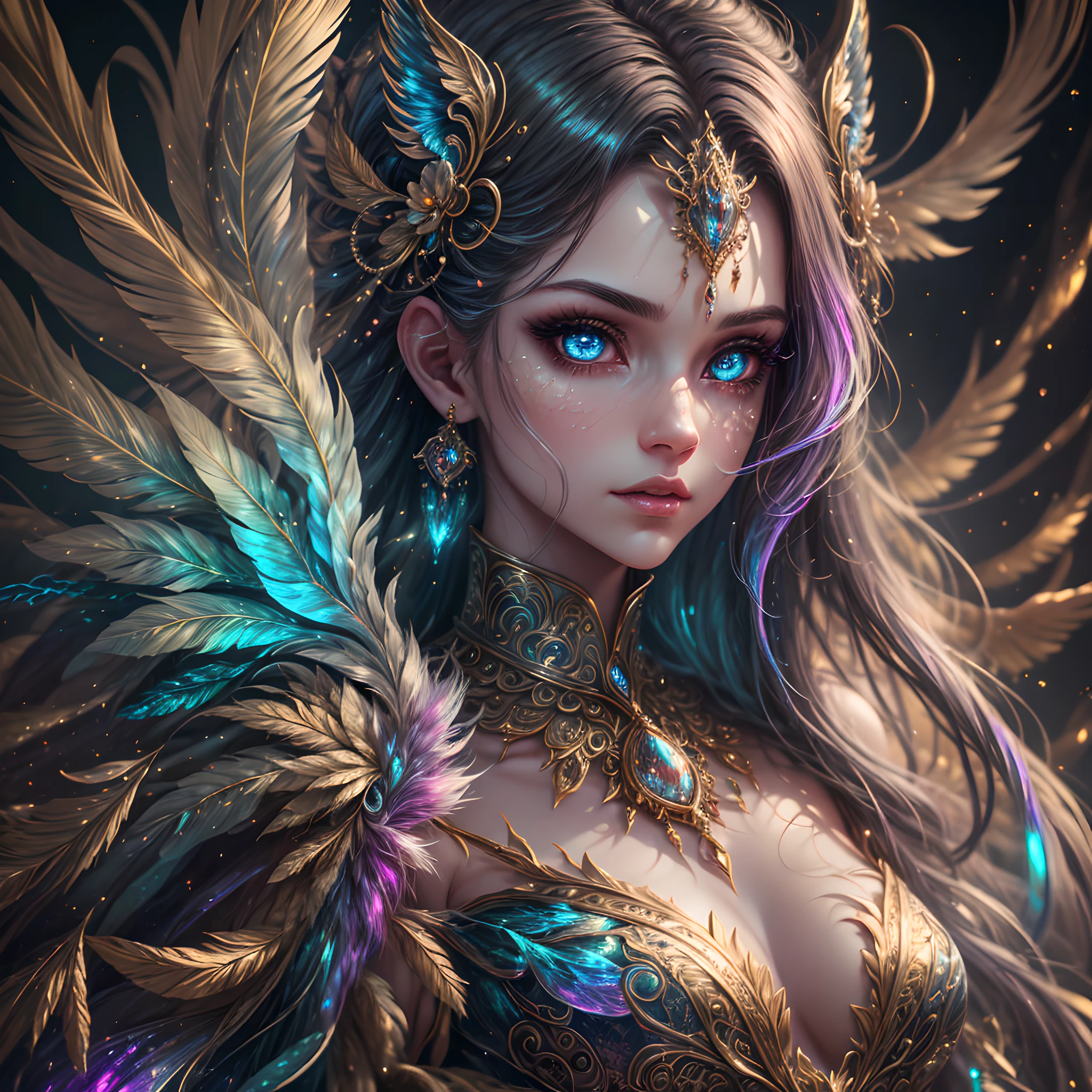 Generate a beautiful celestial woman with an interesting face and engaging expression. This image should be in a fantasy style. The woman is playing with intricate and stunning fantasy animals. (Include highly detailed fantasy animals.) Include beautiful fur and feathers and ensure the animal has plenty of iridescence. Include 8k eyes, highly detailed eyes, extremely detailed eyes, macro eyes, bright clear eyes, and sharp eyes. The image should be a masterpiece and contain fantasy vibes and phantasmal iridescence. Include many bright colors. Camera: Utilize dynamic composition and studio lighting to enhance details and emphasize fantasy vibes. The image should be ornate and contain many small and intricate details. In the style of Artstation trending and midjourney.