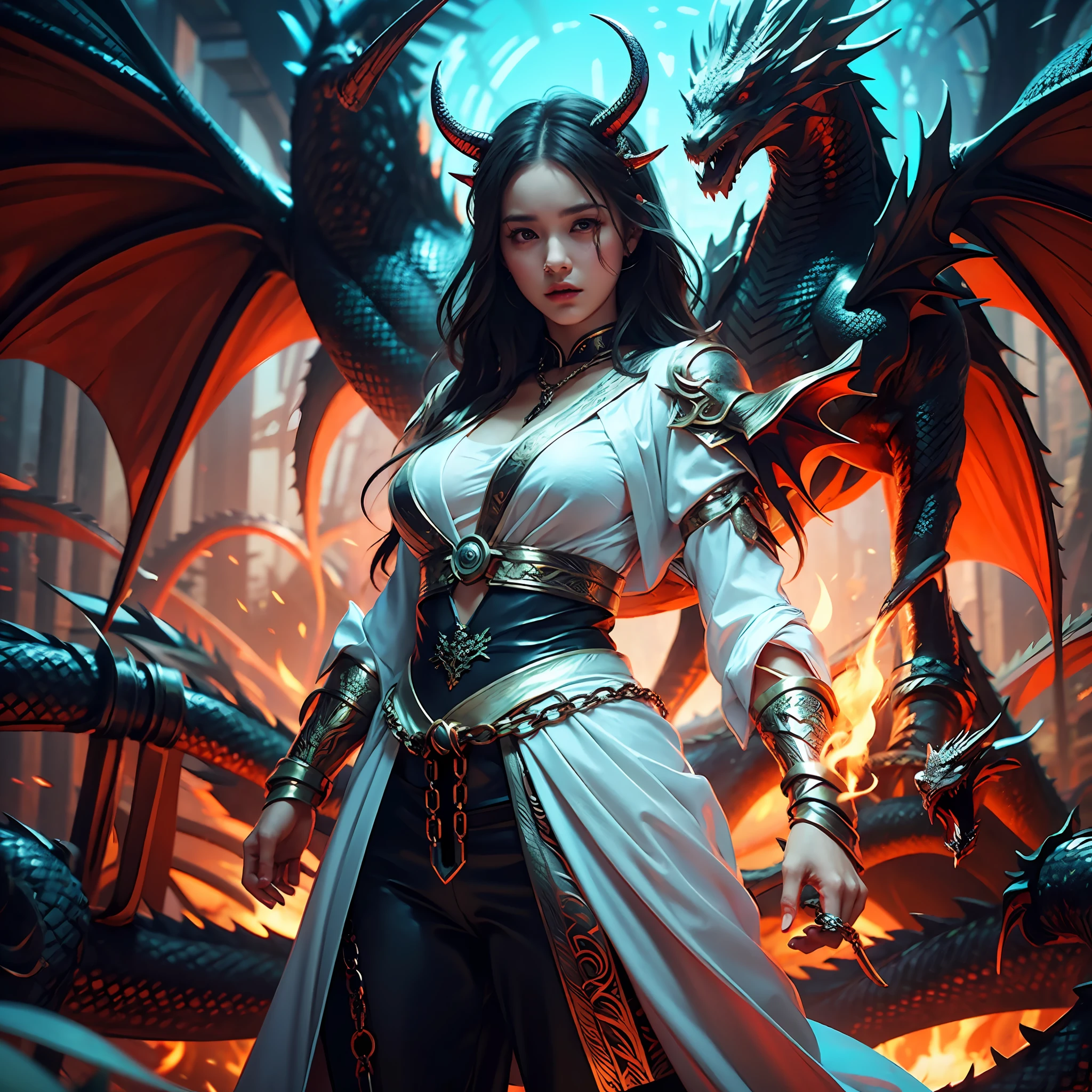 A beautiful girl with a rainbow dragon, ((girl wearing a long robe)), (wearing chain mail: 1.4), (long cloth pants: 1.2), (chain mail with dragon scale patterns), perfect facial features, delicate face, long hair, graceful, wisdom, courage, rainbow dragon, scales, horns, flames, wings, dragon claws, dragon protecting girl, background for ancient forest, mysterious connection, protection, trust, realistic quality, realism, 8k, best quality, masterpiece, cinematic quality, ((High chiaroscuro)), octane rendering