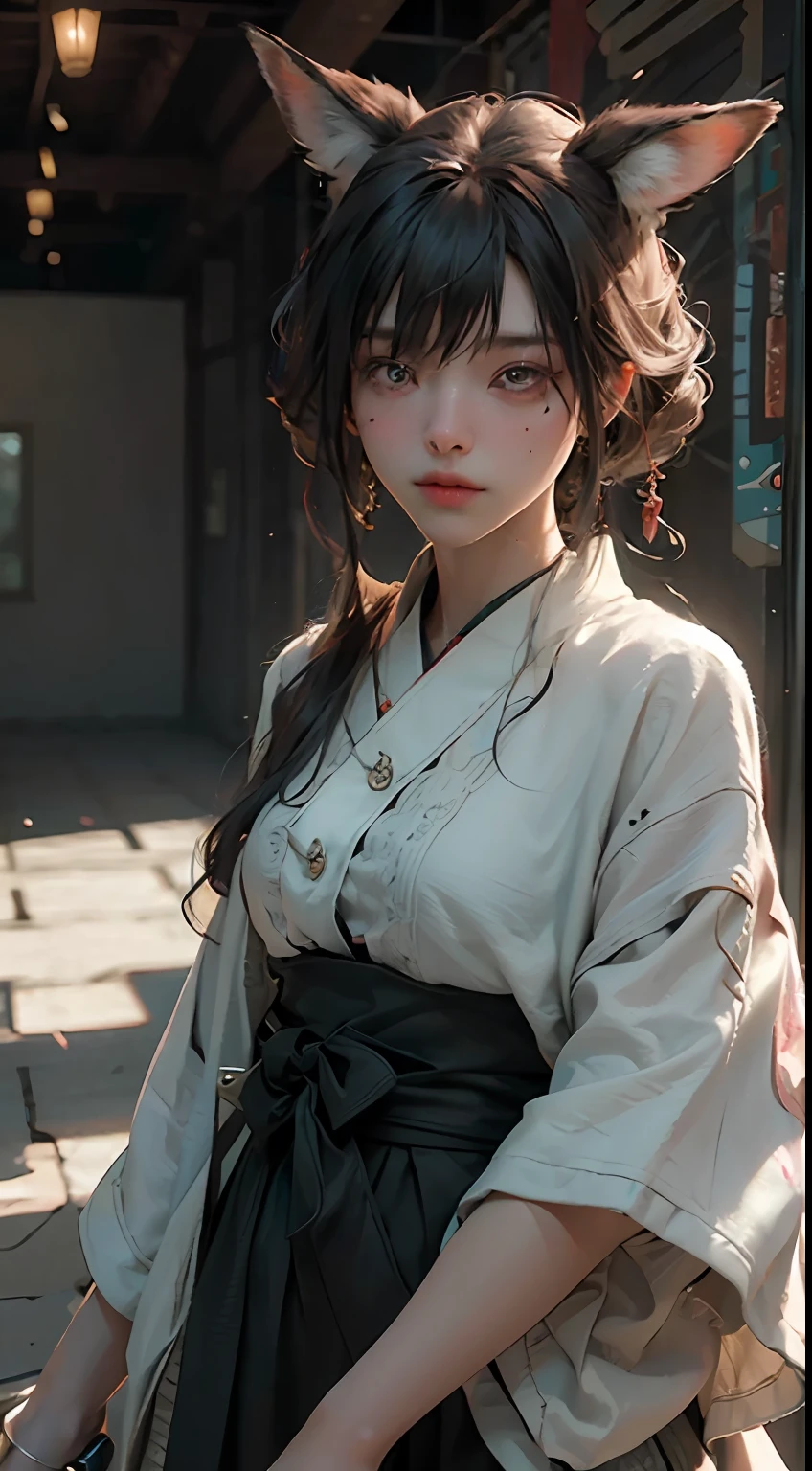 (Best Quality), ((Masterpiece)), (Detail: 1.4), 3D, Nine-Tailed Fox, Delicate Fox Ears, HDR (High Dynamic Range), Ray Tracing, NVIDIA RTX, Super-Resolution, Unreal 5, Subsurface Scattering, PBR Texture, Post-processing, Anisotropic Filtering, Depth of Field, Maximum Clarity and Clarity, Characters' Clothing and Facial Expressions are all very detailed and show detailed depiction. The expression is very feminine and gives people a breathtaking feeling. Multi-layer textures, albedo and specular mapping, surface shading, accurate simulation of light-material interactions, perfect proportions, Octane Render, two-color light, large aperture, low ISO, white balance, rule of thirds, 8K RAW,