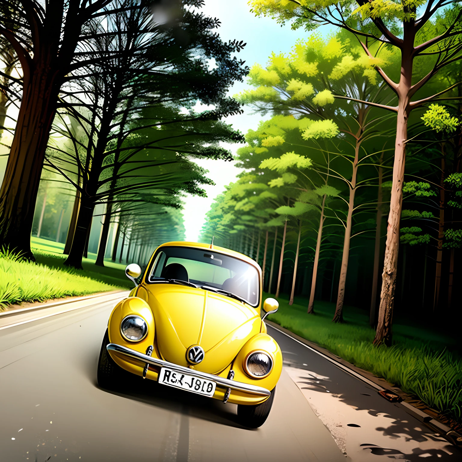 Volkswagen Beetle coming on a forest road towards me cartoon style --auto