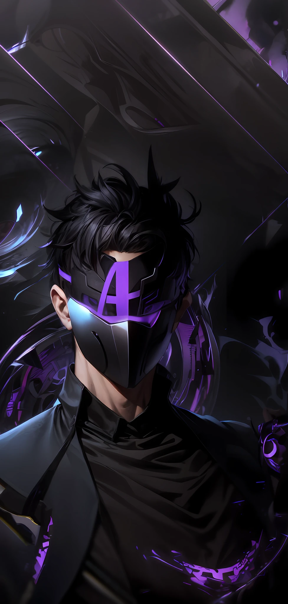 A young man with short black hair with a mask covering his entire face, on the mask there is a purple L, ( ( mask ) ), mask vega, light face [[purple]] [mask], mask without sharpness, unknown art style, anime style. 8k, visor, mask is complete, dark background, shadow world background, purple, purple L, man, short hair,