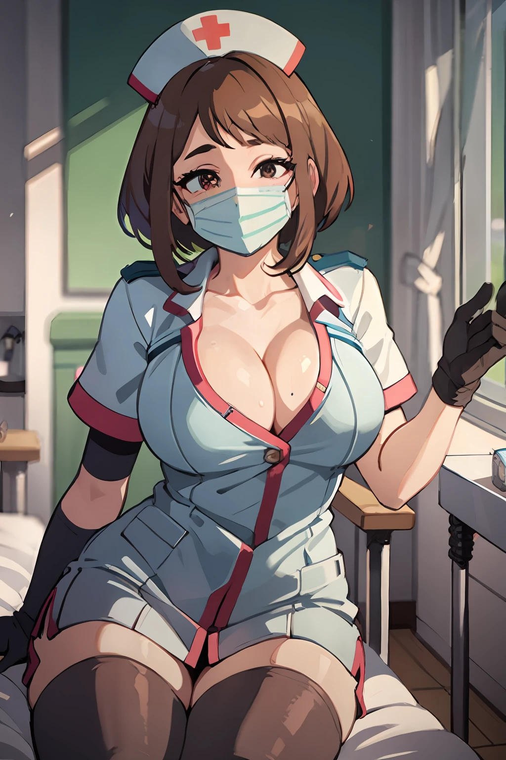 masterpiece, best quality, detailed, solo, 1girl, hmochako, nurse, stockings, seductive pose, nurse cap, chest curtains, gloves, smiling, caring, compassionate, interact, friendly, warm, hospital, medical clinic, nurse station, bedside, treatment room, medical equipment, supplies, hospital beds, monitors, medications, patients, colleagues, traditional, light blue, protective, background, setting, medical, clinical, bedside, treatment, equipment, supplies, hospital bed, monitor, medication, surgical mask, short hair, medium breasts, beautiful brown eyes, cleavage, big breasts, sweating, blushing, heavy breathing,