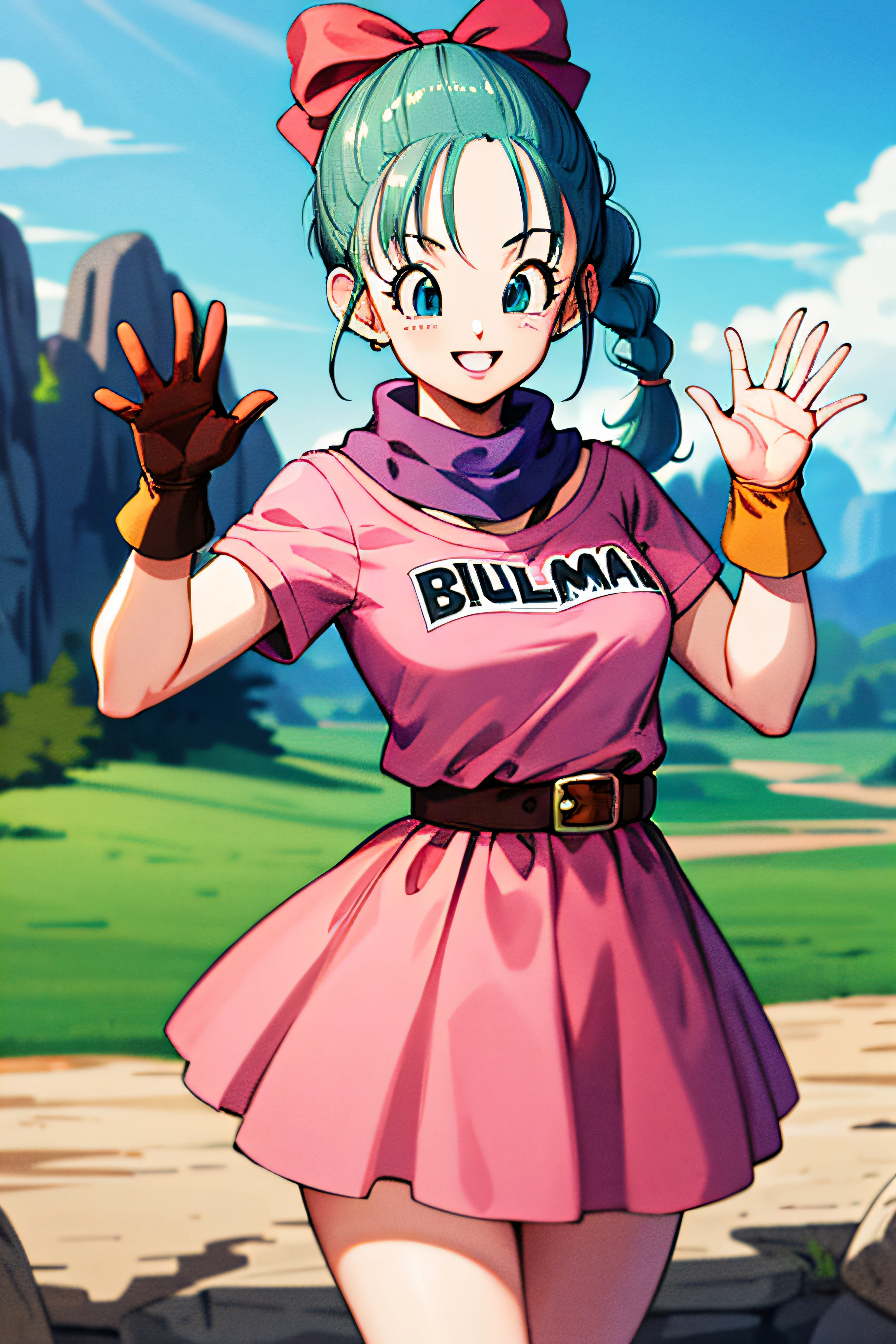 masterpiece, best quality, highres, dragon ball, blmpony, aqua hair, hair ribbon, braided ponytail, pink shirt, belt, scarf, pink skirt, clothes writing, brown gloves, medium breasts, outdoors, cowboy shot, waving, smile