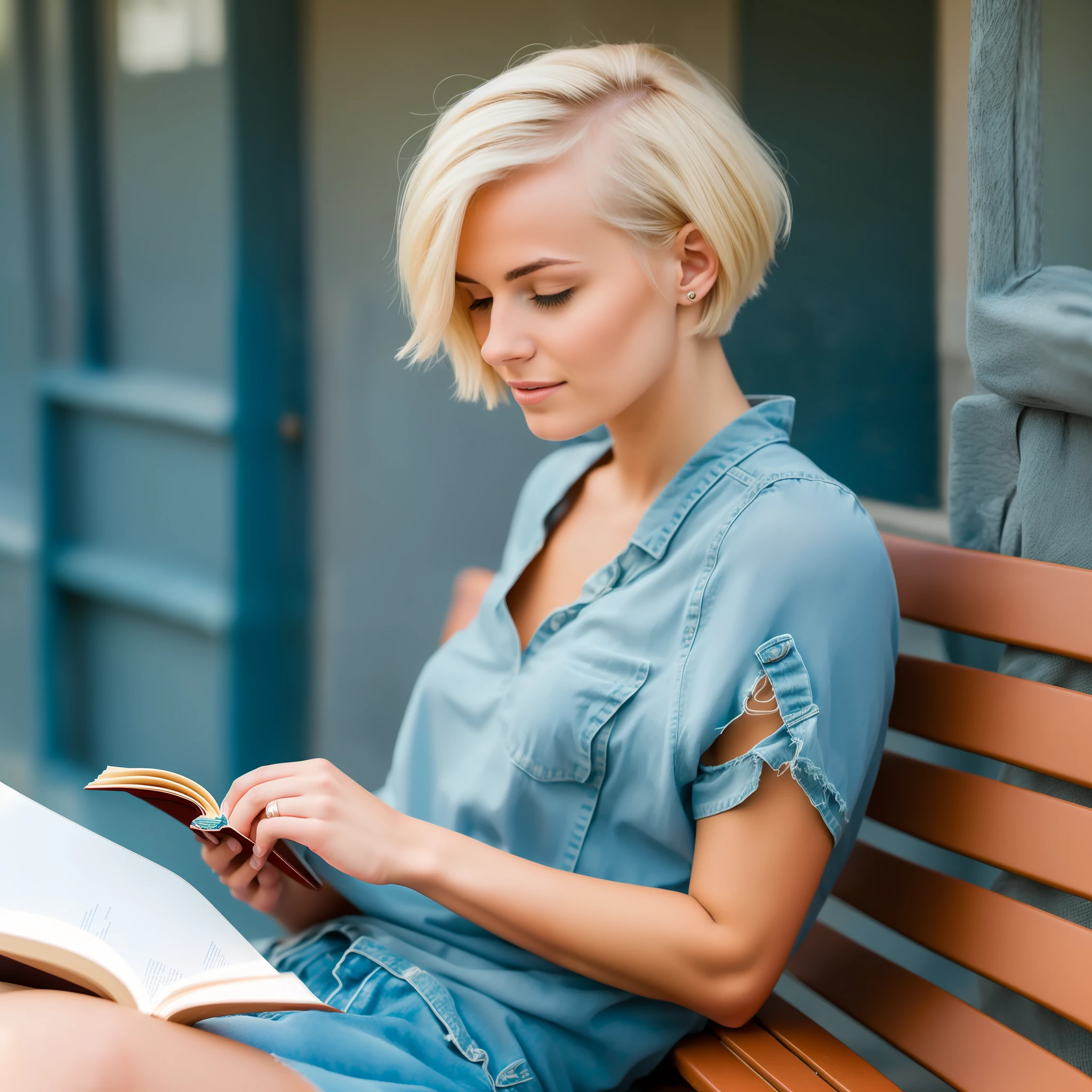 Young woman (blonde) (short hair) (long blue vein) sitting on a bench reading a book