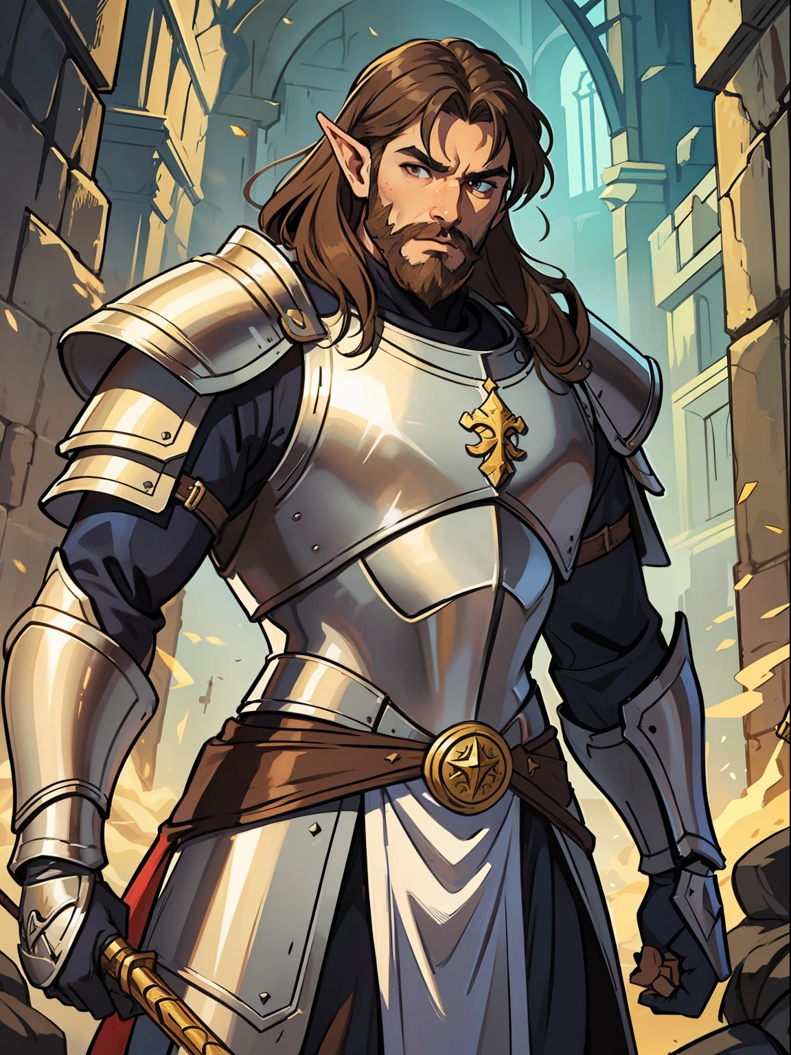 a brown elf man as a paladin warrior he is a warrior of faith with a powerful silver armor he is a broad and stout man with long brown silky hair with a beard well-defined masculine features a warrior of faith in a medieval castle with a divine golden light illuminating the environment divine magic light light of faith paladin power magic a paladin for a DND RPG, a sturdy armor of a medieval knight but showing his face;
