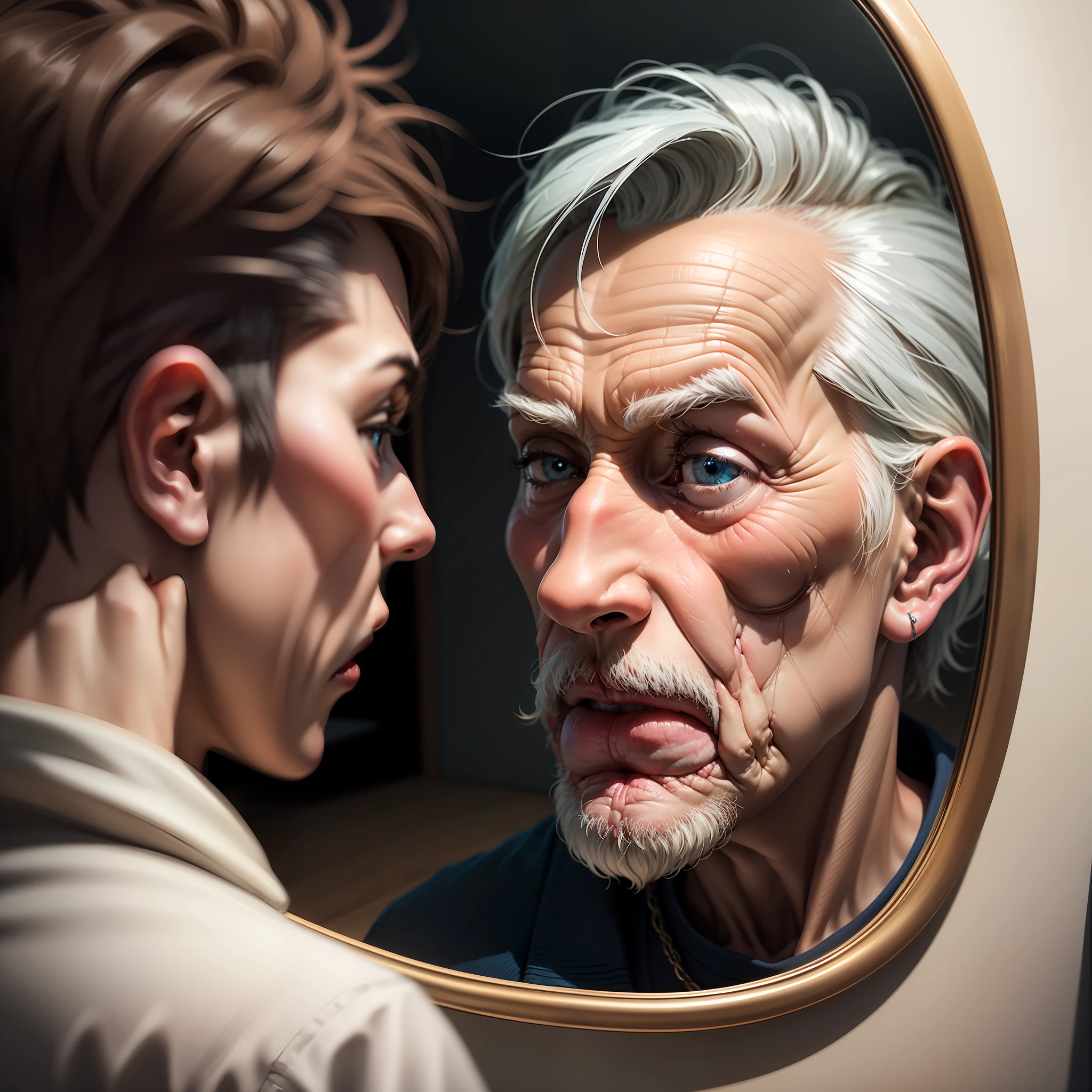 Image of an old man looking into a mirror and seeing a boy with exciting and realistic details.