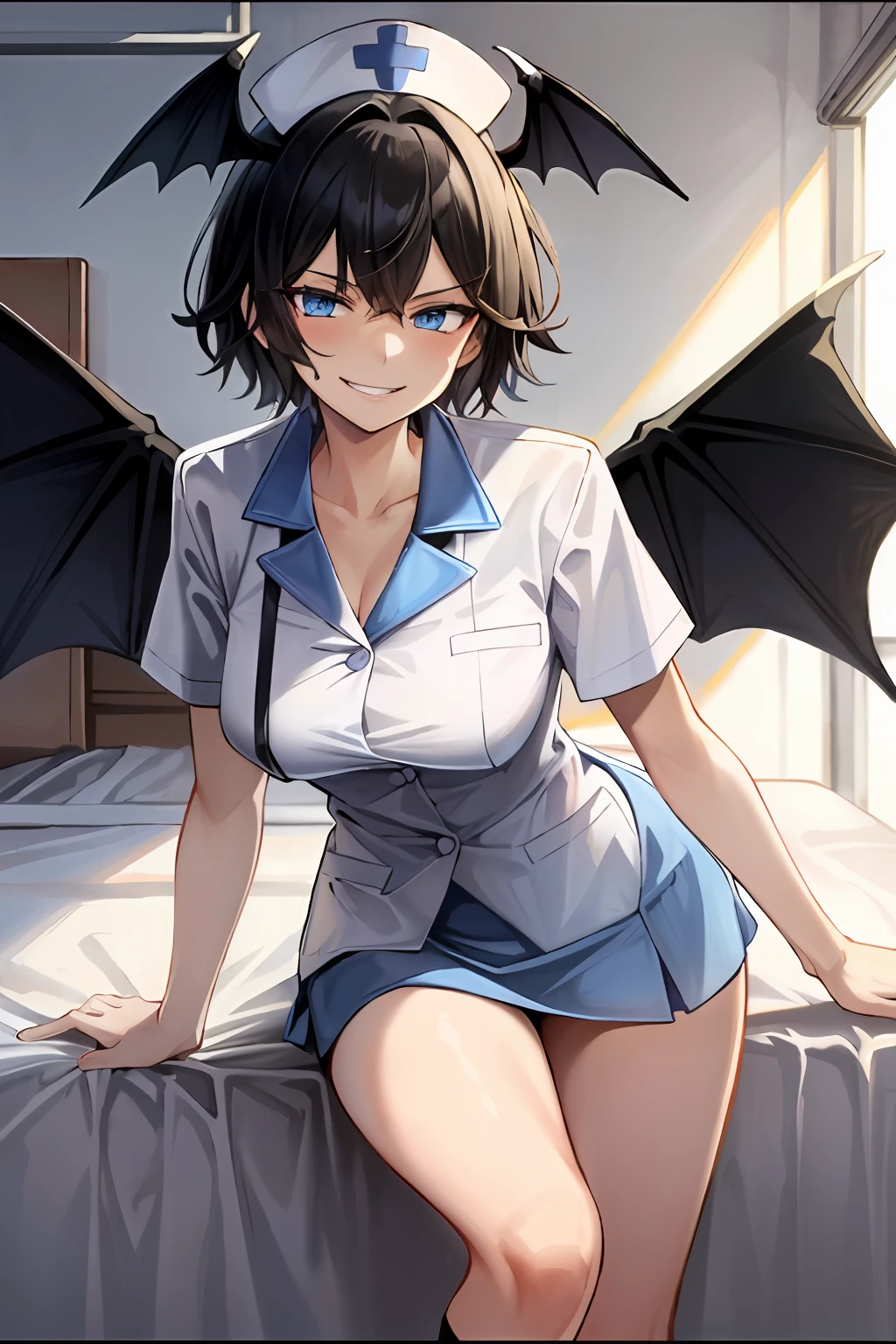 Masterpiece, Top Quality, High Resolution, Masterpiece, Adult Woman, One, Evil Smile, Evil Smile, Evil Plan, Bat Wings, Black Hair, White Nurse Uniform, Short Hair, Blue Eyes, White Mini Skirt, Hospital Room