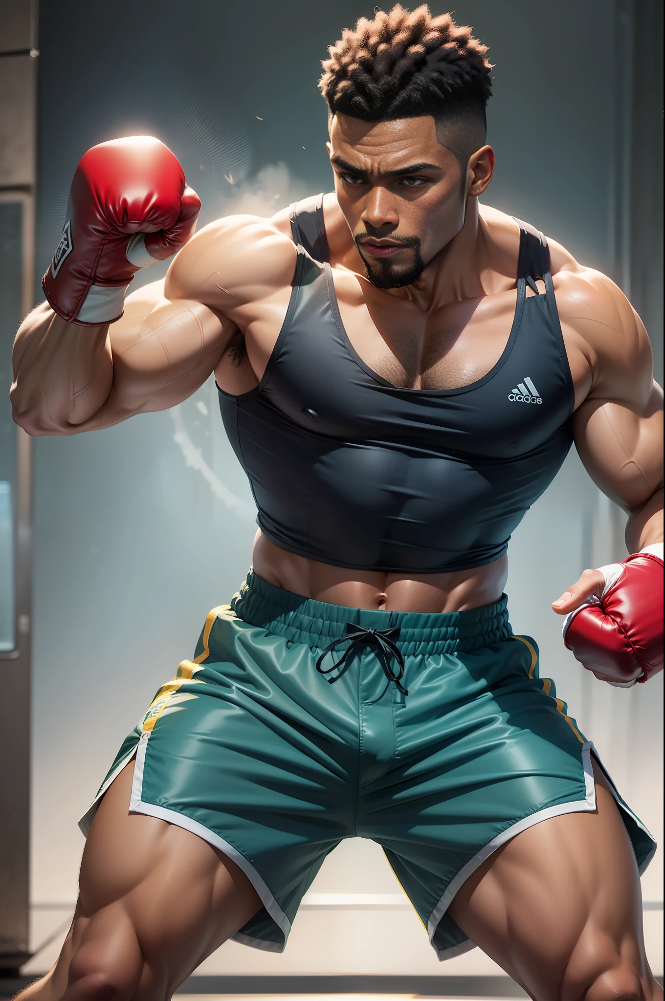 Black man boxer, wearing blue closed vest and blue box shorts, red box gloves, stylish cut hair, pose of fights in las vegas