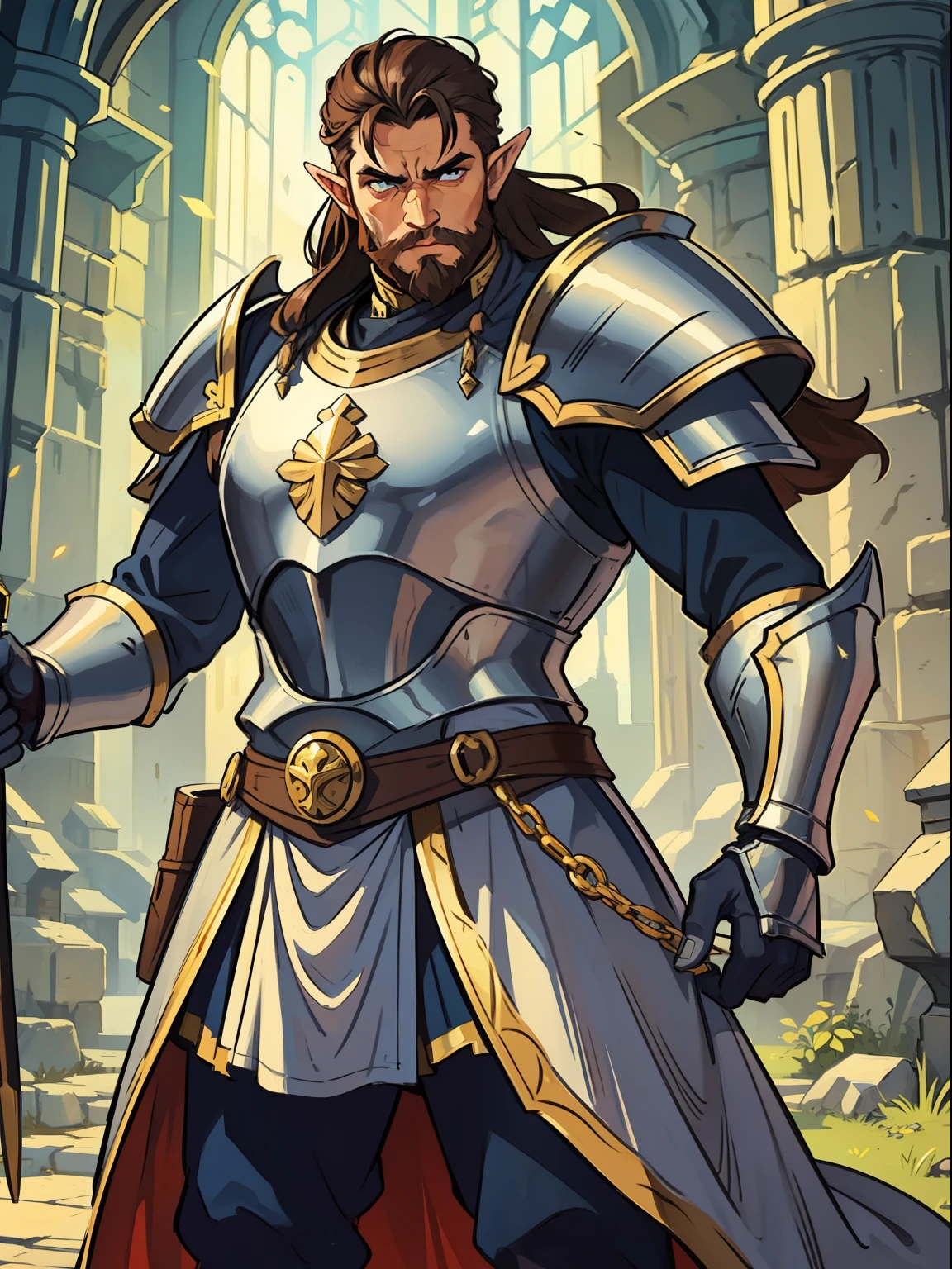 a brown elf man as a paladin warrior he is a warrior of faith with a powerful silver armor he is a broad and stout man with long brown silky hair with a beard well-defined masculine features a warrior of faith in a medieval castle with a divine golden light illuminating the environment divine magic light light of faith paladin power magic a paladin for a DND RPG, a sturdy armor of a medieval knight but showing his face;