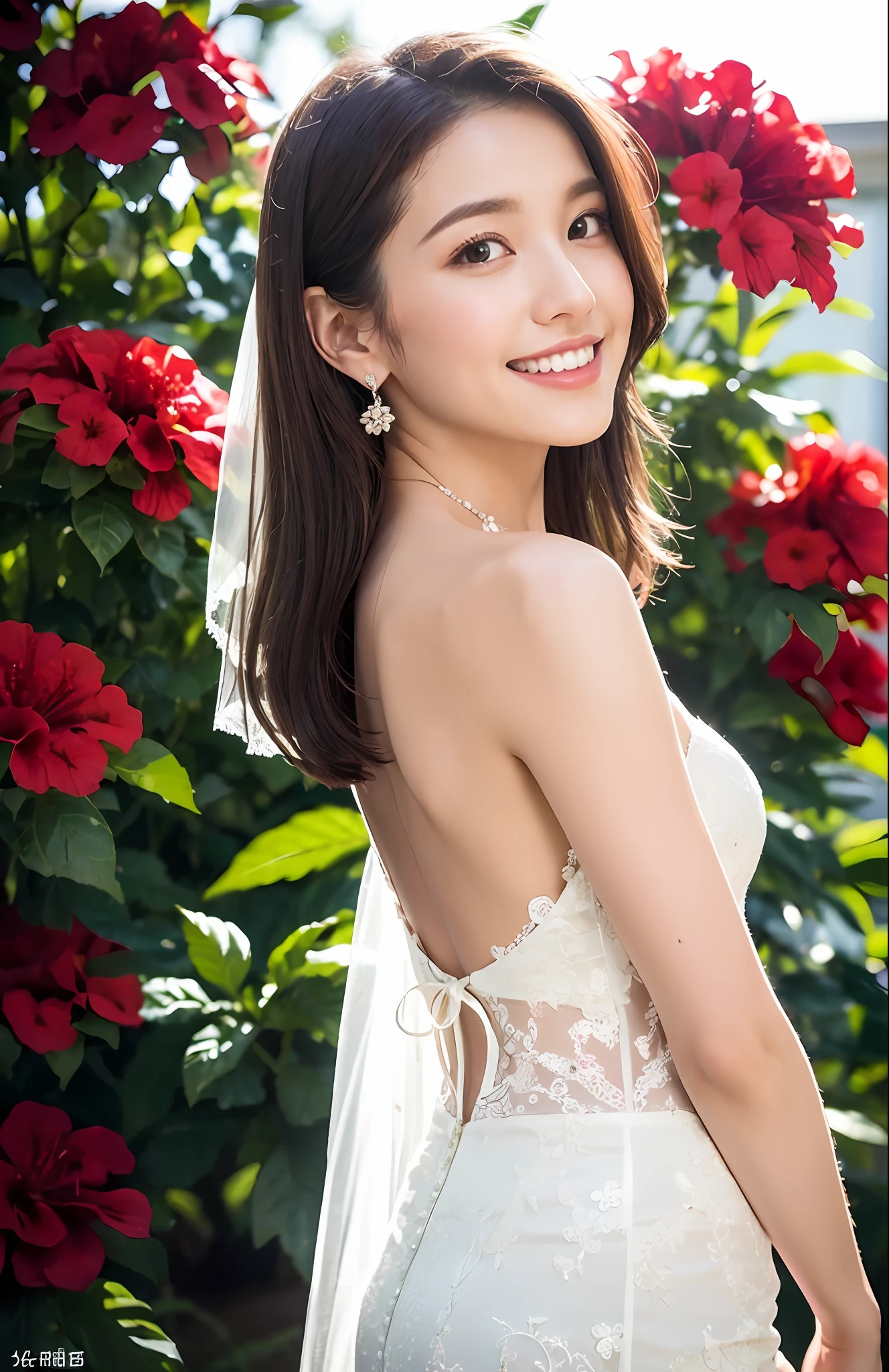 Turbulent posture, (very delicate and beautiful work), (masterpiece), 1girl, girl in wedding dress surrounded by many hibiscus, veil, lace, beautiful blue sea, high definition, ridiculous, charming expression, smile, beautiful clear eyes, green eyes, delicate necklace, delicate earrings, full body, vivid flower garden, simple background blur, ultra-fine depiction, beautiful, charming, ultra-fine painting, Delicate face, delicate figure, slender collarbone, lovely lips, beauty big, soft back, mix4, (8k, RAW photo, best quality), masterpiece: 1.2), (realistic, photorealistic: 1.37), one girl, cute, professional lighting, photon mapping, radiosity, physically based rendering
