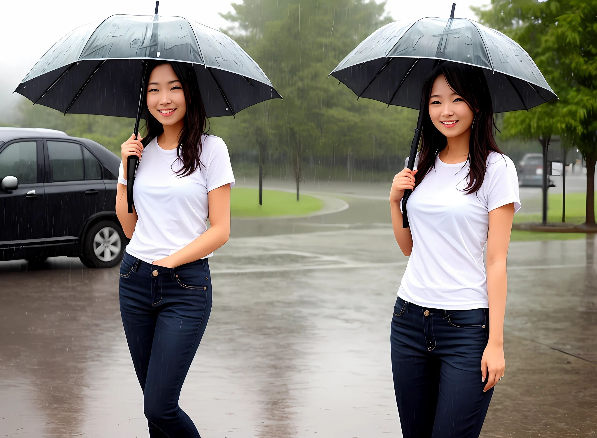 Stand in the rain, smiling, sexy