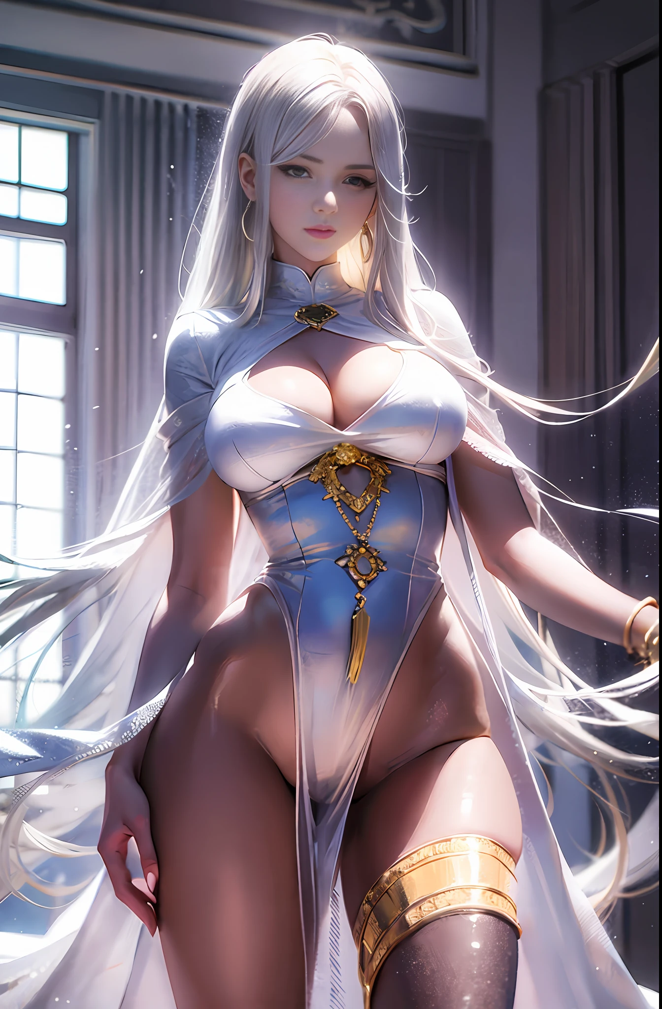 Master anime work, impeccable masterpiece, a sexy mature modern woman in cool sexy modern clothes standing on a pure white background, flowing silver hair, full body standing posture, slender legs, straight breasts, detailed face details, natural and beautiful standing posture, vivid and real body details