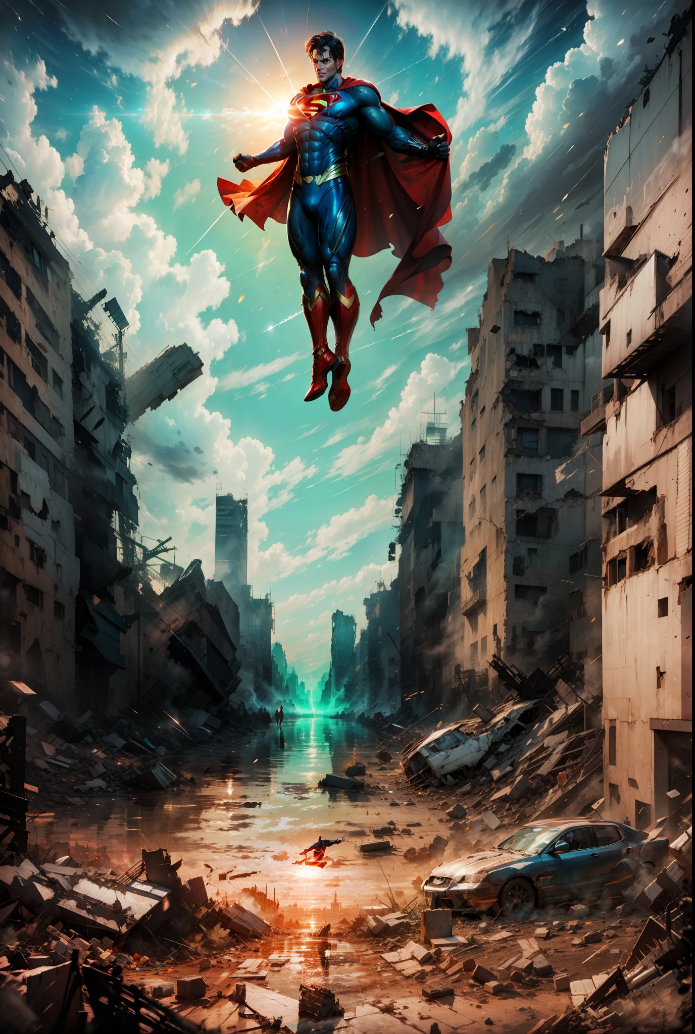 Superman floating over a destroyed city, dark style, 8k.