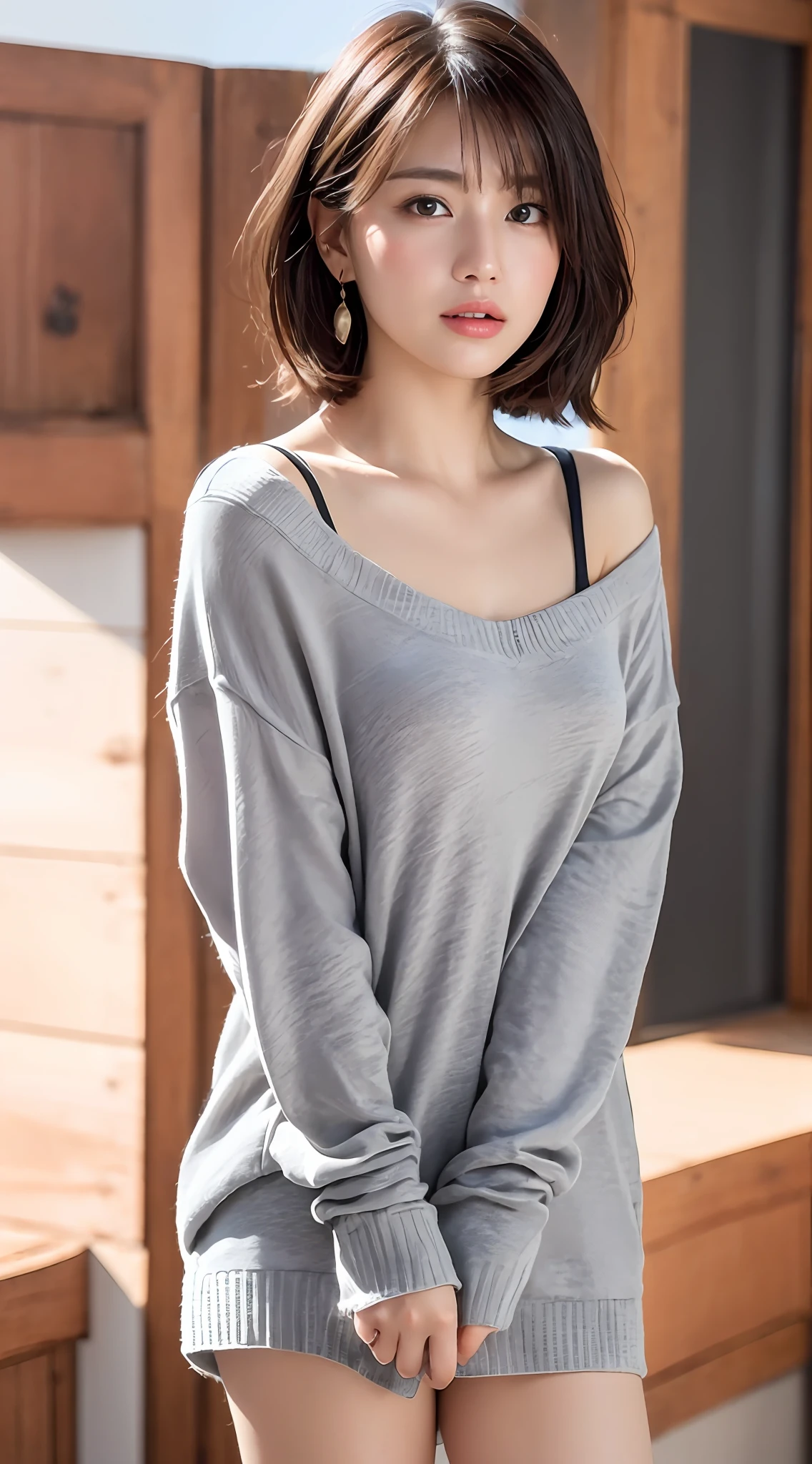 (8k, RAW photos, top quality, masterpiece: 1.2), ultra detailed, super resolution, (real, real photos: 1.37), portraits, high definition RAW color photos, professional photos, very detailed and beautiful, highly detailed, 8k wallpapers, amazing details, huge file size, official art, highly detailed CG Unity 8k wallpapers, highly detailed beautiful girls, highly detailed faces, Highly Detailed Eyes, Highly Detailed Skin, Highly Detailed Fingers, Very Detailed Nose, Highly Detailed Detailed Mouth, Perfect Anatomy, Detailed Background, Detailed Clothes, One Girl, (20:1.2), 20s, Cute Girl, Realistic Body, Petite, White Skin, Radiant Skin, Slim Body, Black Hair, Short Hair, (Blunt Bangs: 1.2), Cute, Youthful, Pretty Face, Realistic Face, Delicate Eyes, Sale Eyes, ( (Long sweater)), ((No pants)), ((bare legs)), ((Up)), ((Full body shot)), (No bra)))), Earrings, Looking at the camera, Cowboy shot, Facing Front, Standing Posture, Contrapposto, Dynamic Lighting, C Cup,