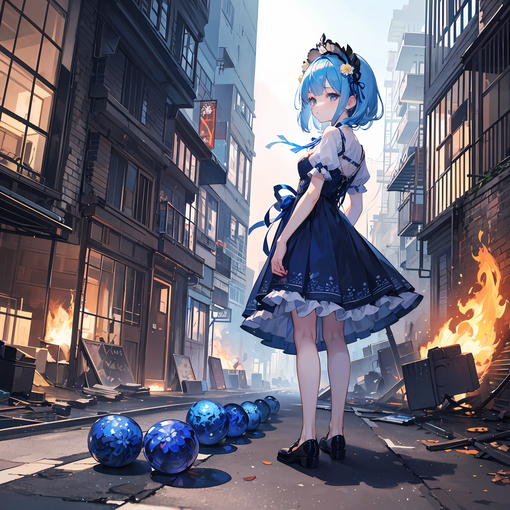 Masterpiece, best quality, (very detailed CG Unity 8k wallpaper) (best quality), (best illustration), (best shadow) (full body picture), blue hair little loli, gorgeous navy blue lolita dress, blue ponet with blue chrysanthemum headdress, blue silk thread surrounding, war in flames, broken buildings, monsters in the distance