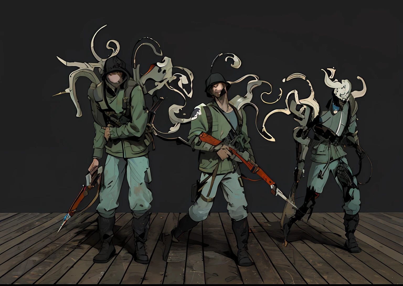 a group of people in military clothes of the first world war, distorted monsters, Silent Hill, expert high-detail concept art, Silent Hill environment in the background, ultra detailed photography of a Silent Hill monster, instaport horror style, horror movie, cinema style, prime art, 8k, perfect composition, beautiful detailed intricate octane render trend in artstation, 8k art photography, photorealistic concept art, natural volumetric soft cinematic perfect light, Chiaroscuro, award-winning photography, masterpiece, oil on canvas, Raphael, Caravaggio, Greg Rutkowski, Beeple, Beksinski, Giger concept arts, senior conceptual artist, conceptual creature character art, detailed full-body concept art, Resident Evil virus concept art, bloody concept art + concept art, full-body action concept art, full-body concept art, Greg Rutkowski concept art, conceptual character art, concept art character