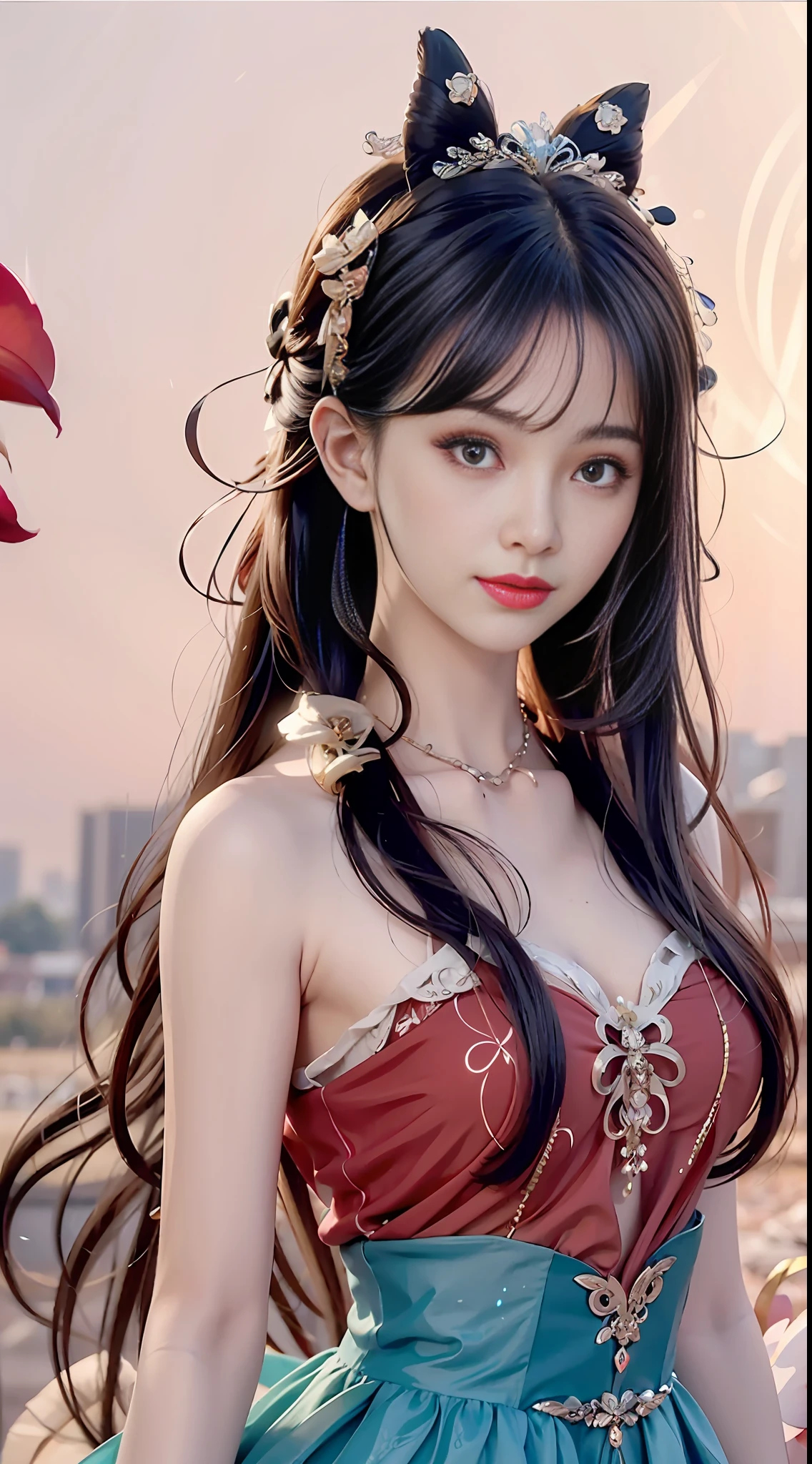 A delicate and beautiful girl, disheveled hair, fairy tales, dan phoenix eyes, red lips, black hair, parted bangs, hairpin headdress, gorgeous design sense of clothing, aesthetic, close-up, real texture, petals flying