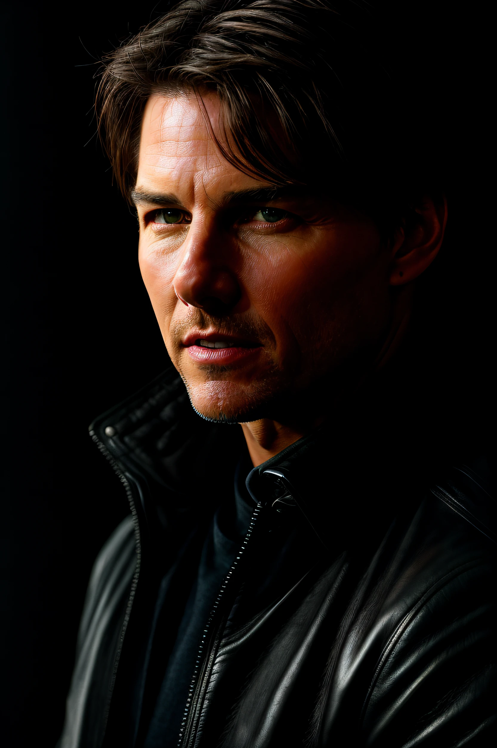 Tom Cruise, boyfriend, RAW photo, subject, (high detailed skin:1.2), 8k uhd, dslr, soft lighting, high quality, film grain, Fujifilm XT3, eye focus, reflection in the eyes of light sources (RAW photo), style (Lee Jeffries), dark, portrait on black velvet fabric, ((black background)), backlight, studio shooting, , very detailed leather, film grain (4k, sharp),  ((( art Midjourney))) and Greg Rutkowski