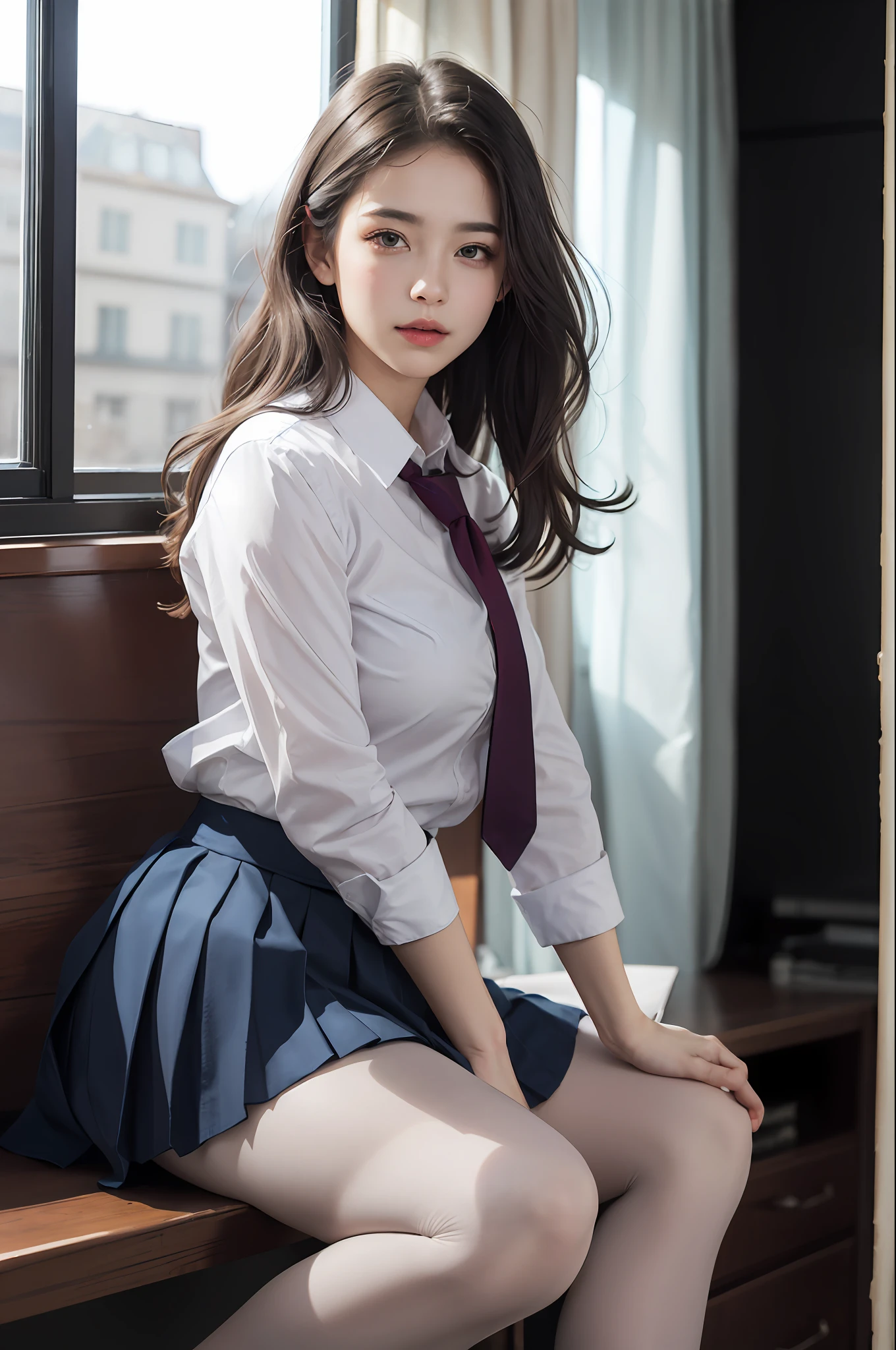 ultra realistic 8k cg, picture-perfect face, flawless, clean, masterpiece, professional artwork, famous artwork, perfect face, beautiful face, beautiful eyes, ((perfect female body)), solo,(immersive atmosphere, chiaroscuro:1.5,bright light:1.2,luminous lighting)
,,(blush:0.5), expression,extremely detailed_eyes,thick thighs,large ,
beautifully detailed background,depth of field,realistic:1.3, long shot,1girl,shirt,pleated skirt, school uniform, sitting, full body, 
(ambient light:1.3),(cinematic composition:1.3),(neon lights:0.1),(HDR:0.1),Accent Lighting, white pantyhose,