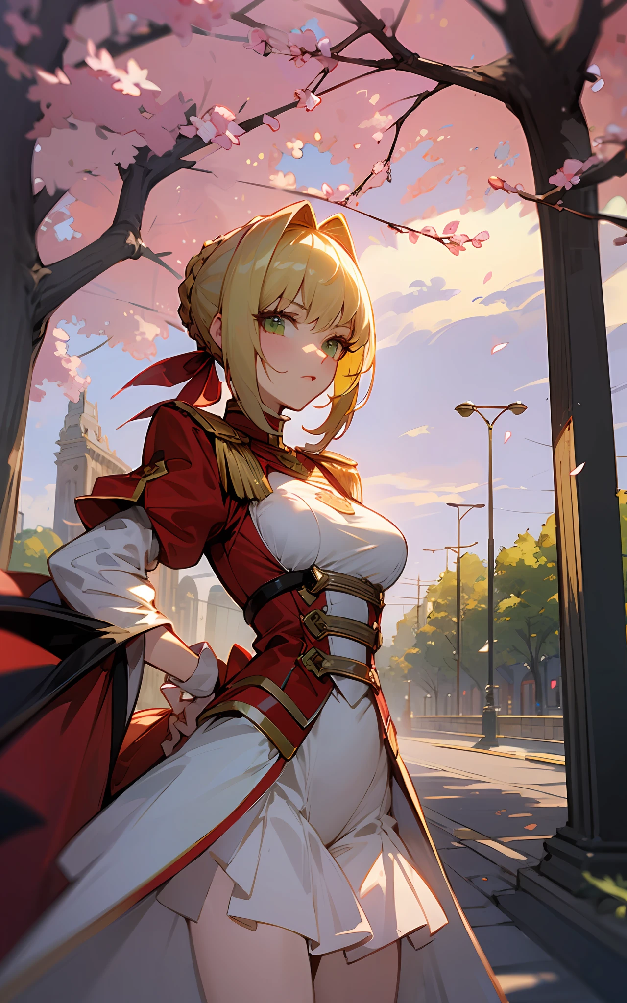 Top quality, 8K, 4K, high resolution, detail, Nero Claudius, FGO, woman, bright park, flat breasts, long braid, lots of guests,