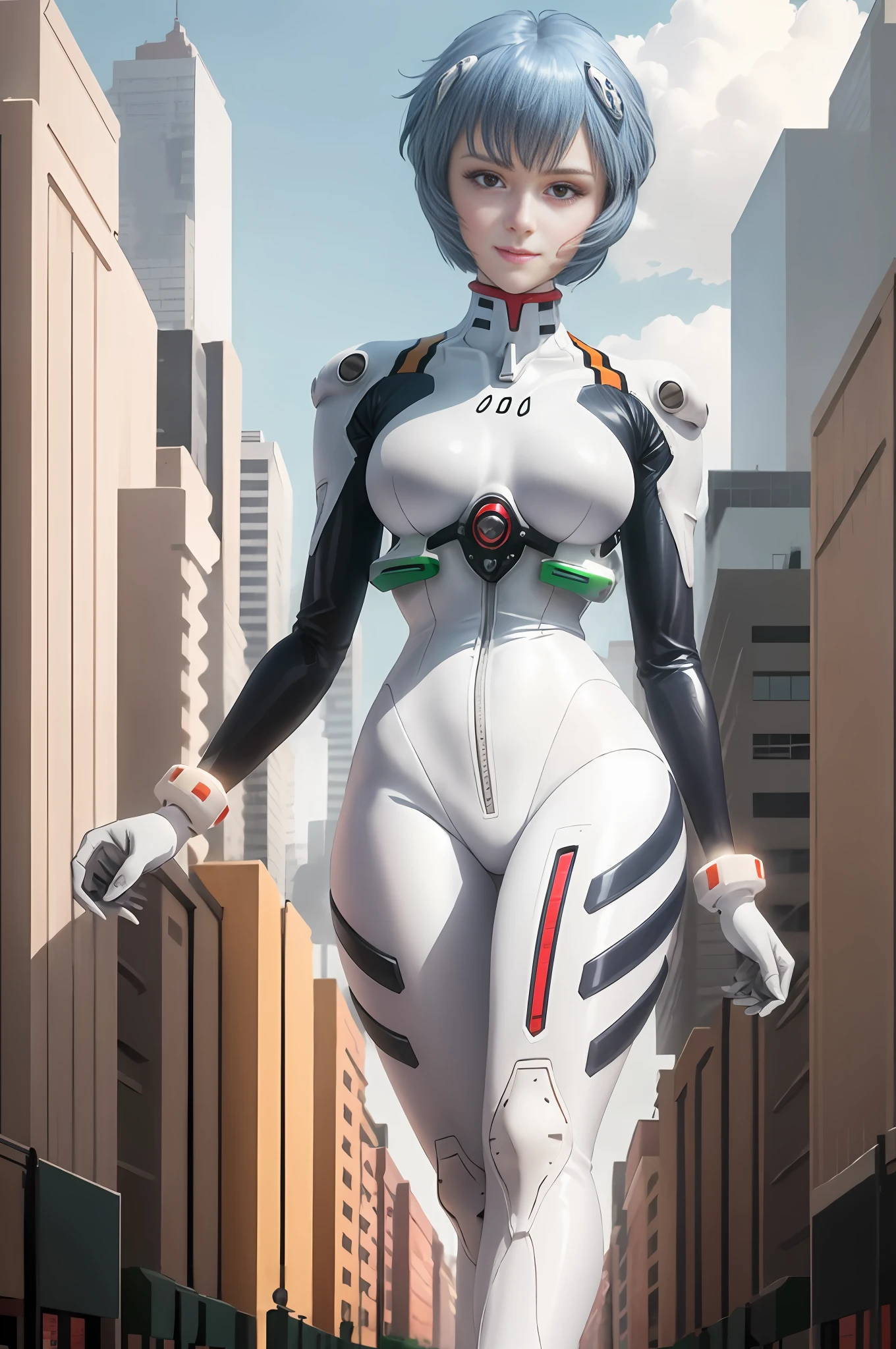 Giantess art, giantess, ((towering over you)), masterpiece, best quality, 1girl, ayanamirei, plugsuit, earphone interface, looking at the viewer, light smile, city park, upper body, arms_behind_back, walking in the city