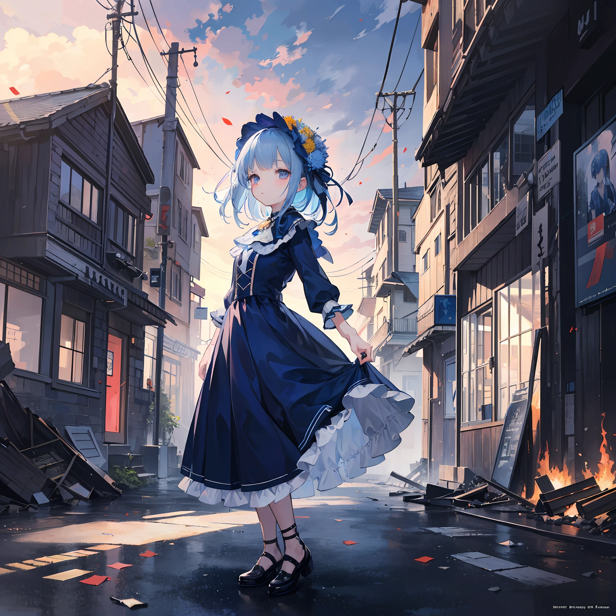 Masterpiece, best quality, (very detailed CG Unity 8k wallpaper) (best quality), (best illustration), (best shadow) (full body picture), blue hair little loli, gorgeous navy blue lolita dress, blue ponet with blue chrysanthemum headdress, blue silk thread surrounding, war in flames, broken buildings, monsters in the distance