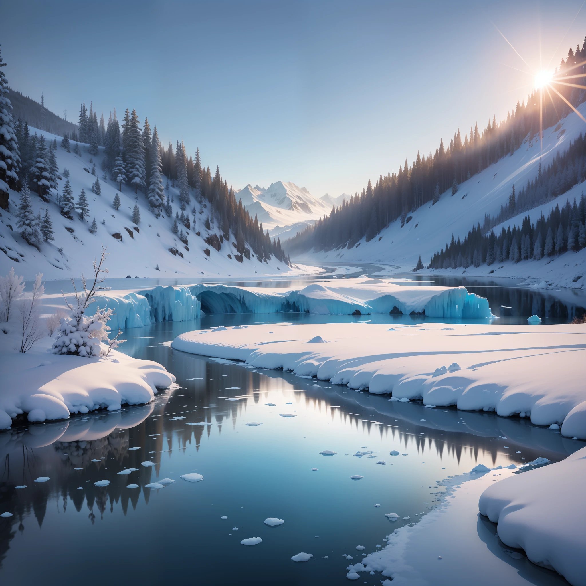 That place is a fantasy world covered in ice and snow. The boundless white extends to the sky, as if it were a pure canvas. The ice crystals shimmered, like countless diamonds shining in the sun. The cold wind whistles through, bringing a biting coldness, but also accompanied by a pure fresh breath. Snow and ice cover the earth, forming rolling hills and spectacular glaciers. The glacial river born from the glacier flows in the sun, and the surface of the water is smooth like a mirror. In this realm of ice and snow, it is silent and mysterious, as if you are in a magical ice and snow kingdom.