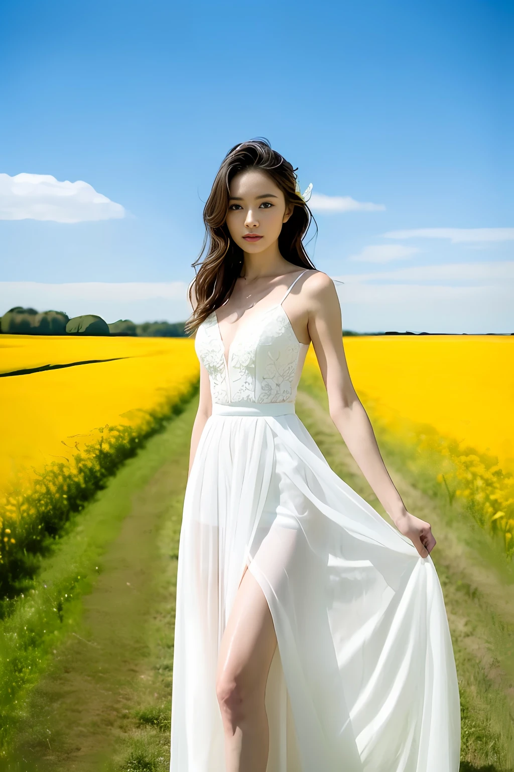 (Best Quality, 4K, Masterpiece, UHD, Real: 1.2, with Beautiful Depth of Field and Slight Blur), 1Girl, Wearing White Dress, Full Length View, Tall and Thin Beauty Goddess, Flowing Dress, Stunning Elegant Posture, Long and Elegant, Thin Waist, Elegant, Hands Behind, Long Skirt, Blue Sky, White Clouds, Meadow, Small Flower