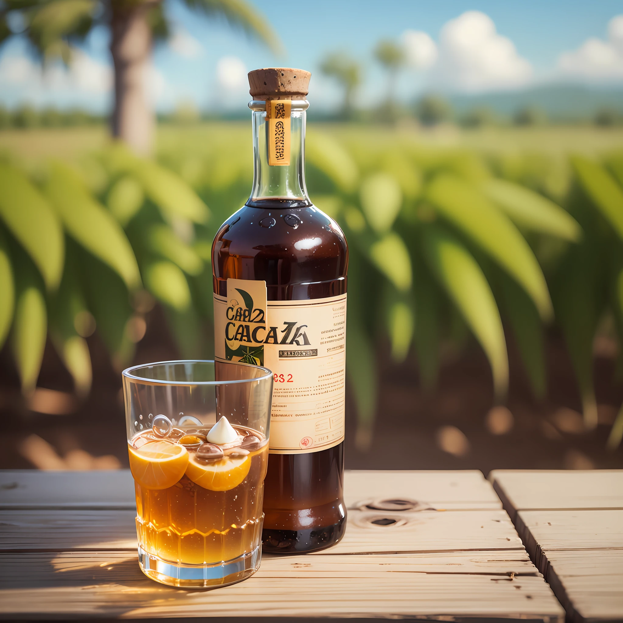 **photograph of a cachaça bottle on top of a wooden table + small glass half full on the side of the bottle + a sugar cane farm in the background + beautiful sunny day + creamy light + depth of field, lots of details, realistic photo, ar 4:3   - Image #3 --auto --s2