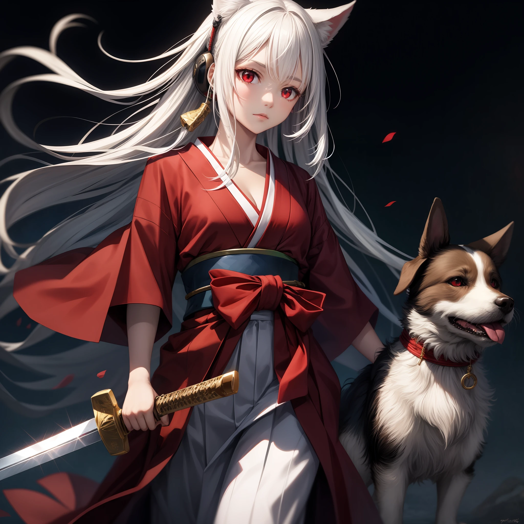 White hair, red eyes, girl, alone, solo, 1girl, red hakama, dog ear, sword