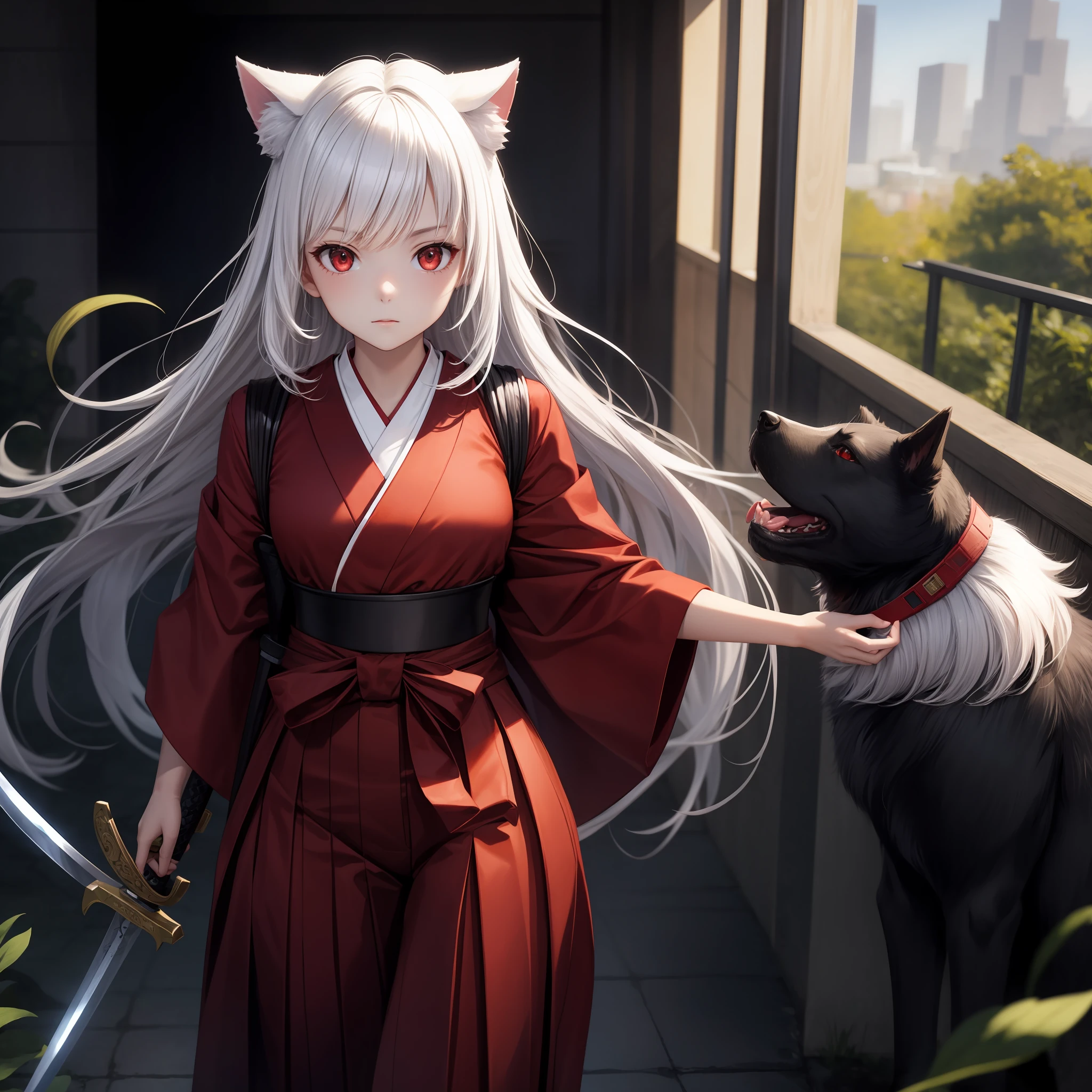 White hair, red eyes, girl, alone, solo, 1girl, red hakama, dog ear, sword