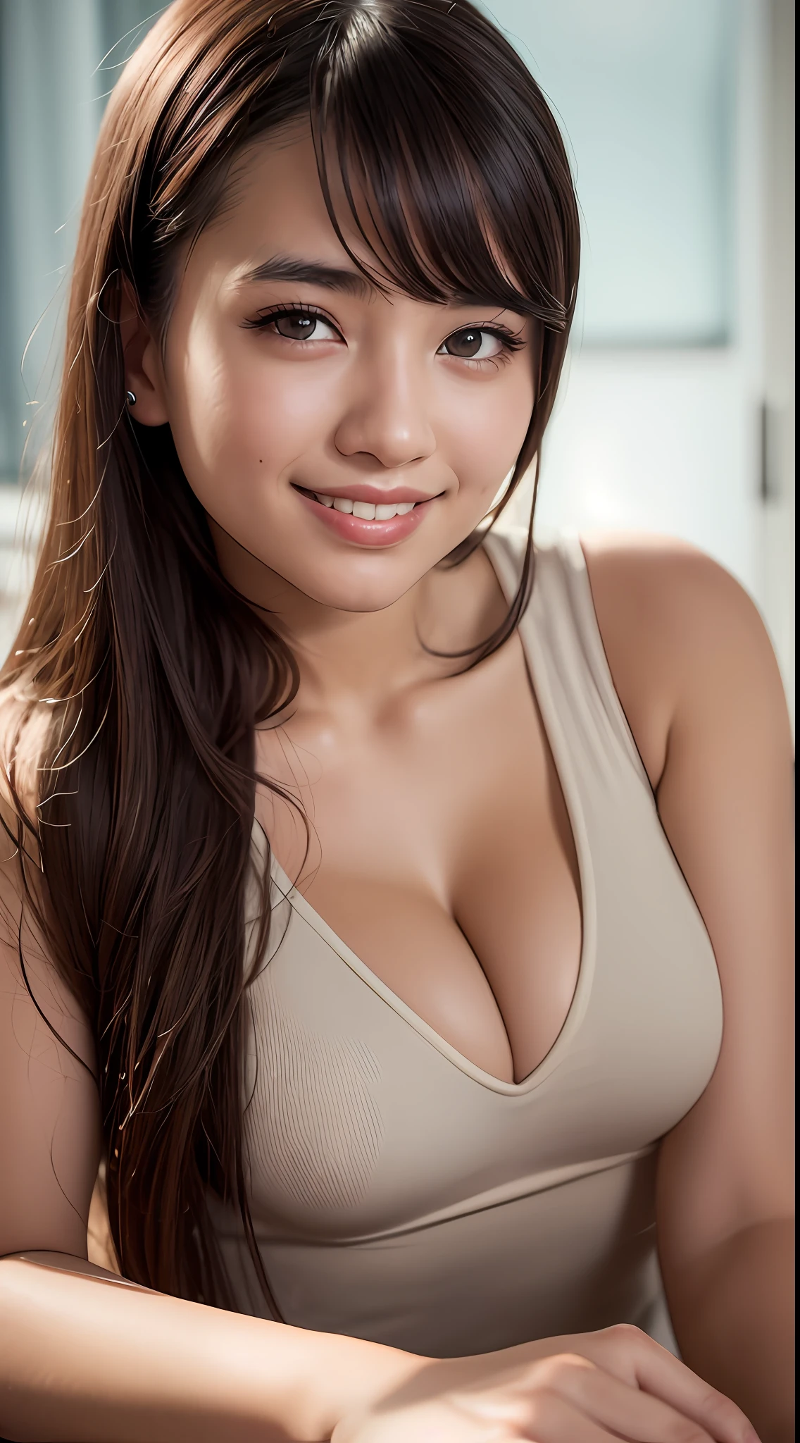 (8k, RAW Photos, Best Quality, High Definition: 1.1), (Ultra Realistic: 1.4), (Realistic, Photorealistic: 1.3), Soft Light, Girl, , Japan People, Realistic Face, Realistic Body, Realistic Skin, (Cute: 1.8), Cuties, Solo, (Large: 1.2), Detailed Black Eyes, Innocent Eyes, Cheeks, (Cleavage: 1.2), Cinema Light((Big: 1.1)), Cherry Colored Lips, Look Viewer, Upper Body, Open Lips, Upper Teeth, (Smiling Eyes: 0.6), ((grinning: 1.2)), Depth of Field, Blurred Background, Eye Focus, Bokeh, Studying, School Classroom, 85mm Lens, f/1.4, Professional Lighting, Young, Portrait, Photon Mapping, Radiosity, physically based rendering