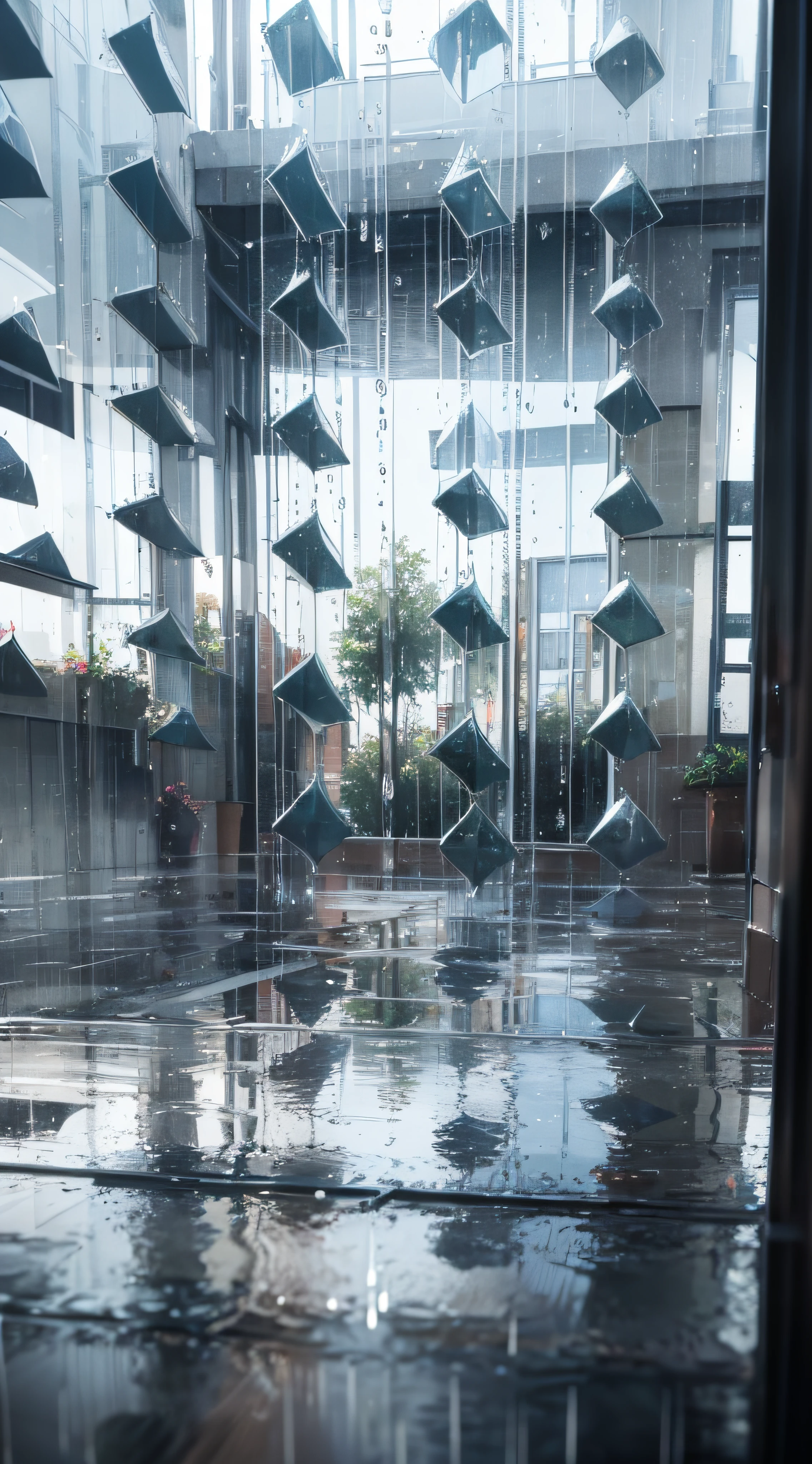 Look up through glass, in rain, wet reflection, looking up perspective, looking up, looking up, rain reflecting on the ground, wet metal reflection, reflection on wet streets, raindrops, windows (rain), wet rselection, water drops, wet puddle reflection, raindrops, glass rain, rain. Ultra detailed, rain window, rain background, wet surface