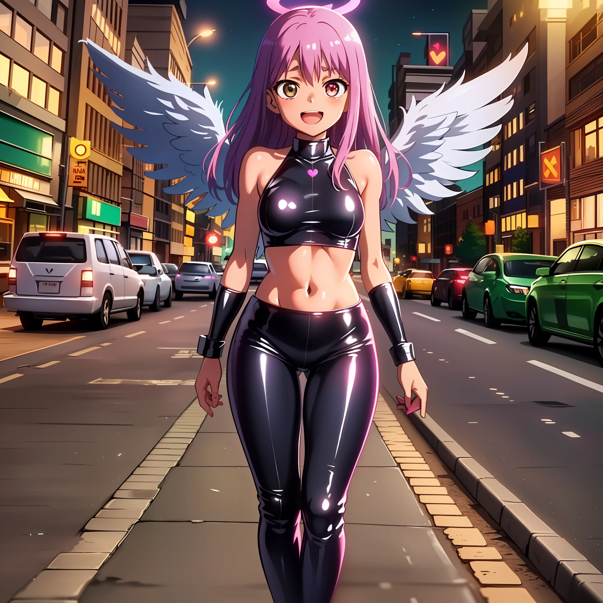 High quality,high resolution, high definition,Viewing the viewer, excited,Loli, black latex top,pink latex pants,standing, facing the viewer, exposed navel, small breasts, close, heart eyes, in the city, night, full body, heart neckline, rainbow hair, angel wings, halo