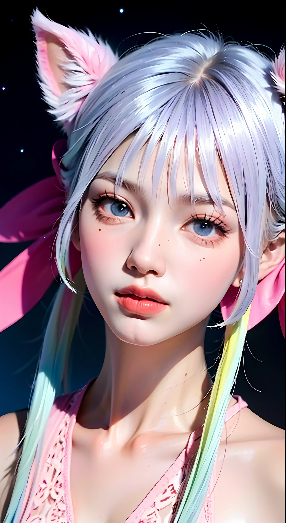 (Best Quality, 8k, Masterpiece, UHD: 1.2, CG: 1.2), close-up of a long-haired girl wearing cat ears and pink dress, kawaii realistic portrait, cute colorful cute, anime style, colorful, colorful braids, Guvez style artwork, vibrant fantasy style, cute art style, anime style 3d, colorful pastels, realistic anime 3d style,