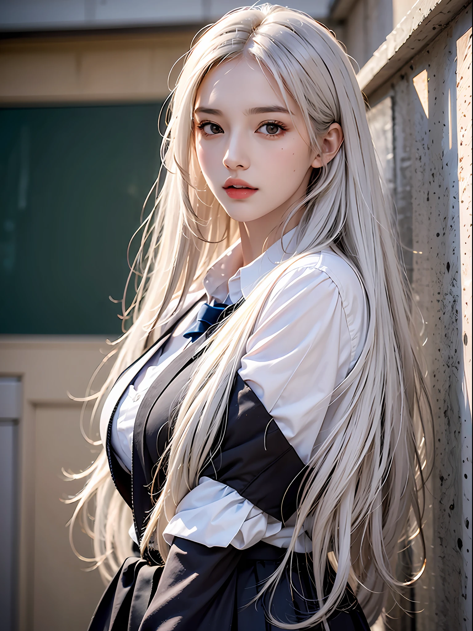 photorealistic, high resolution, 1 girl, white long hair, black eyes, school uniform, normal breast