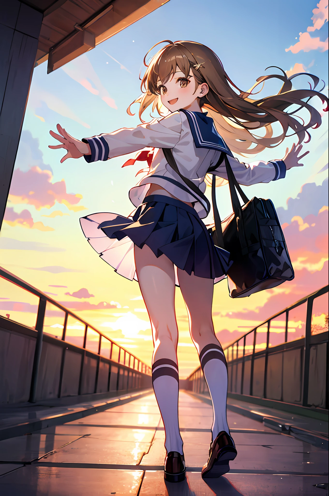 Top quality, masterpiece, high resolution, very detailed, 8k, one girl, cute, anime, crystal clear white skin, asian girl, sensual, full-body, young, middle school, 13 years old, child, (hair color is light brown), on the way to school in the morning, summer uniform, with a student bag, panchira: 1.2, windy and hair fluttering, from behind diagonally, miniskirt, lift-up skirt, smile, fantasy, Low angle, gesture of holding hands towards us, cute white underwear, reaching out