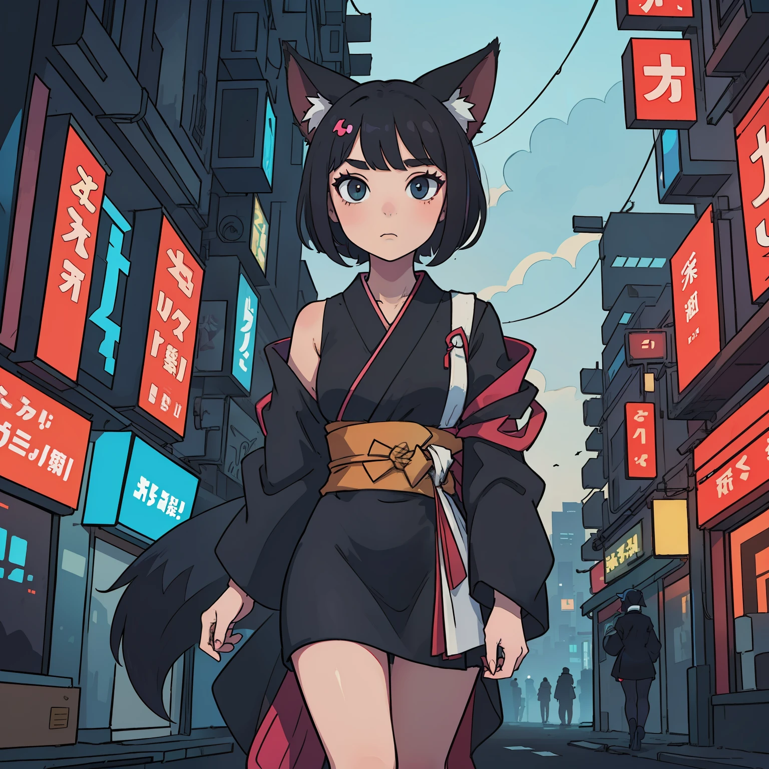 (masterpiece:1.3), (best quality), woman, black fox ears, black hair, cyberpunk kimono dress, cyberpunk city, kitsune