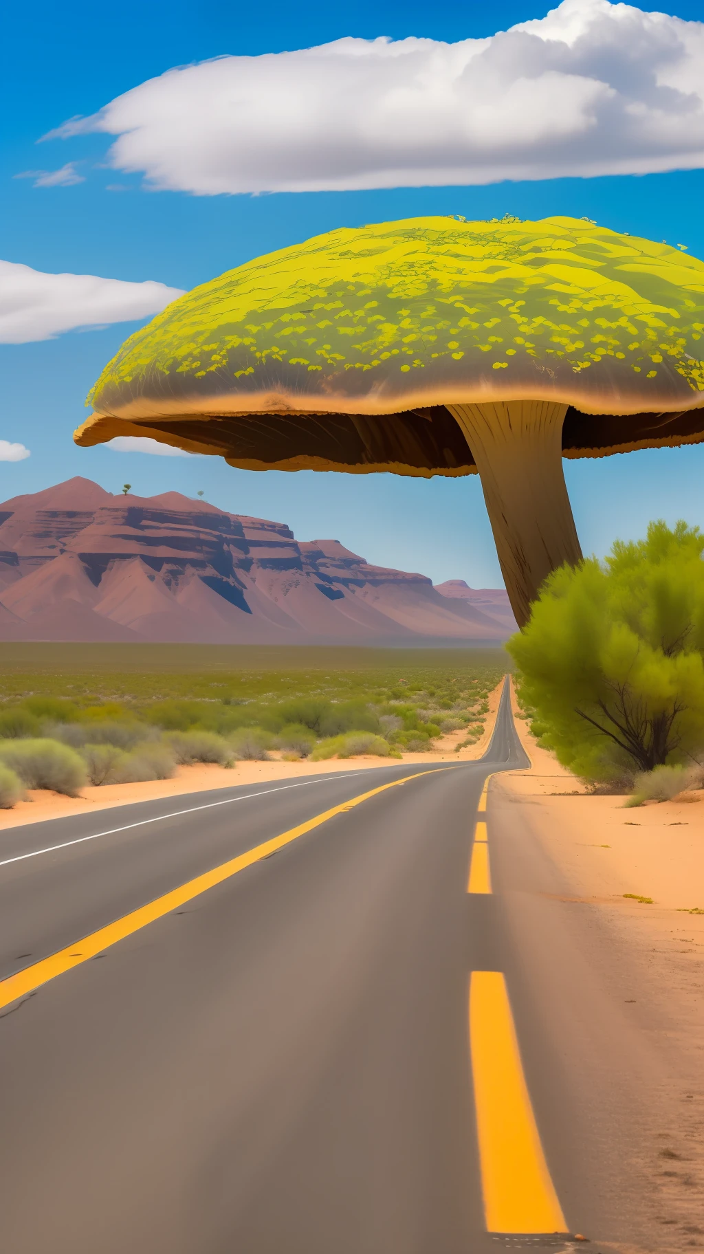 Desert Highway There is a double yellow line in the middle of the road, green shrubs and unknown flowers on both sides of the road, a large mushroom cloud in the distance, the clouds are white, like a giant mushroom, and the blue sky is also covered with clouds