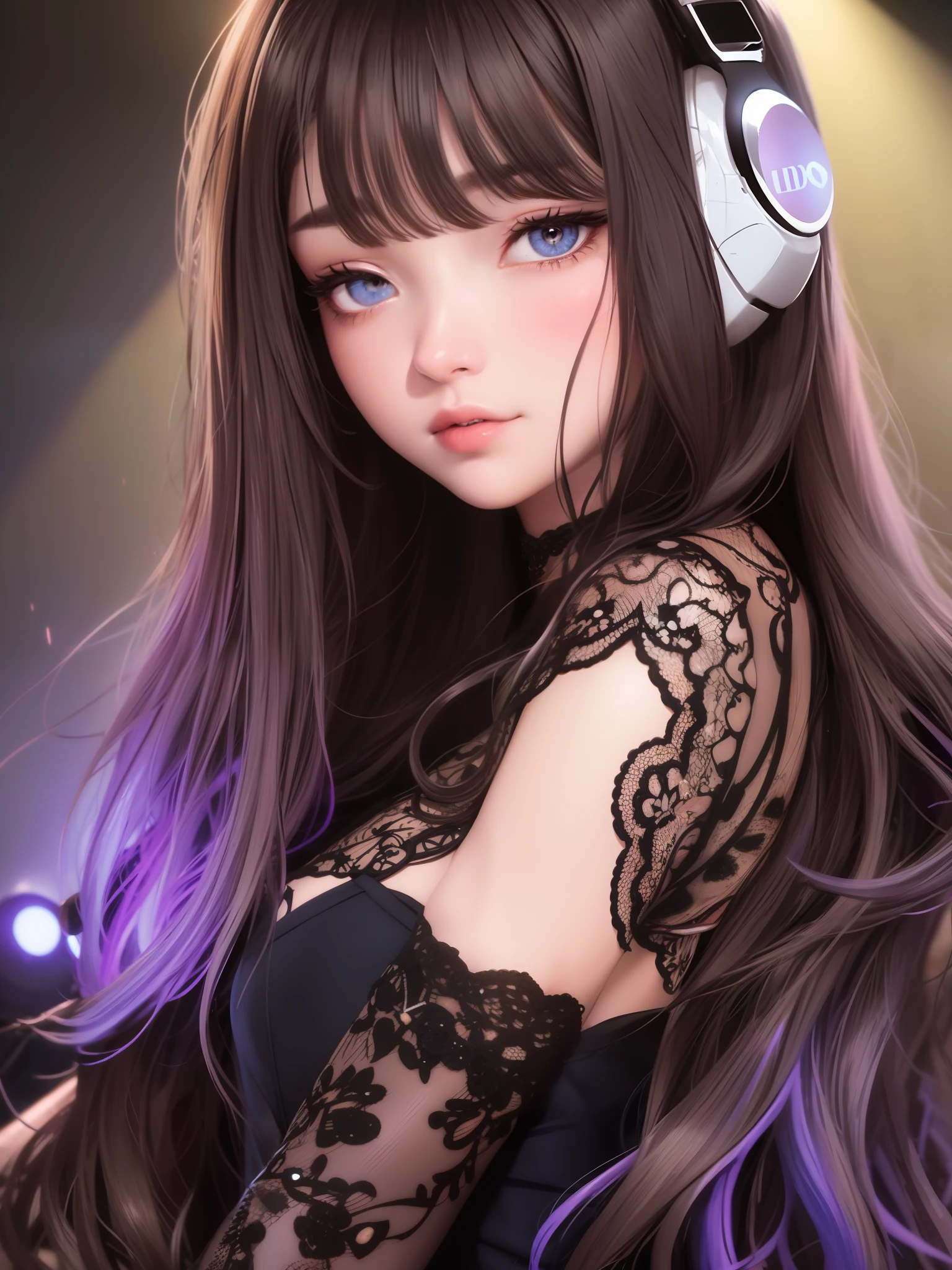 at a concert, totally darkness around her with a spotlight on her, fog surrounded